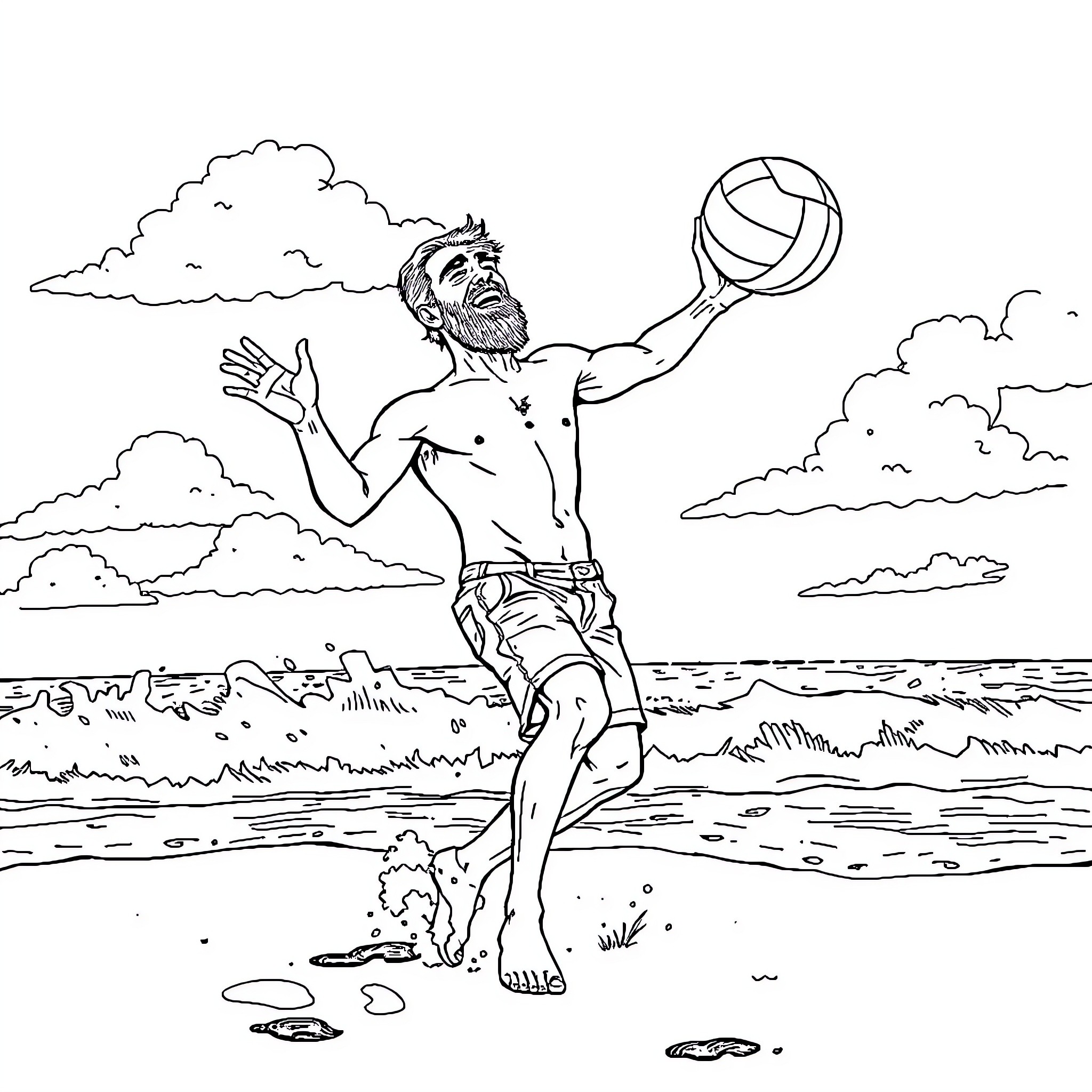 John Brown Playing Volleyball on the Beach Coloring Page (free black-and-white line drawing printable PDF for all, from beginners to advanced learners, including children, teens, adults, and seniors)