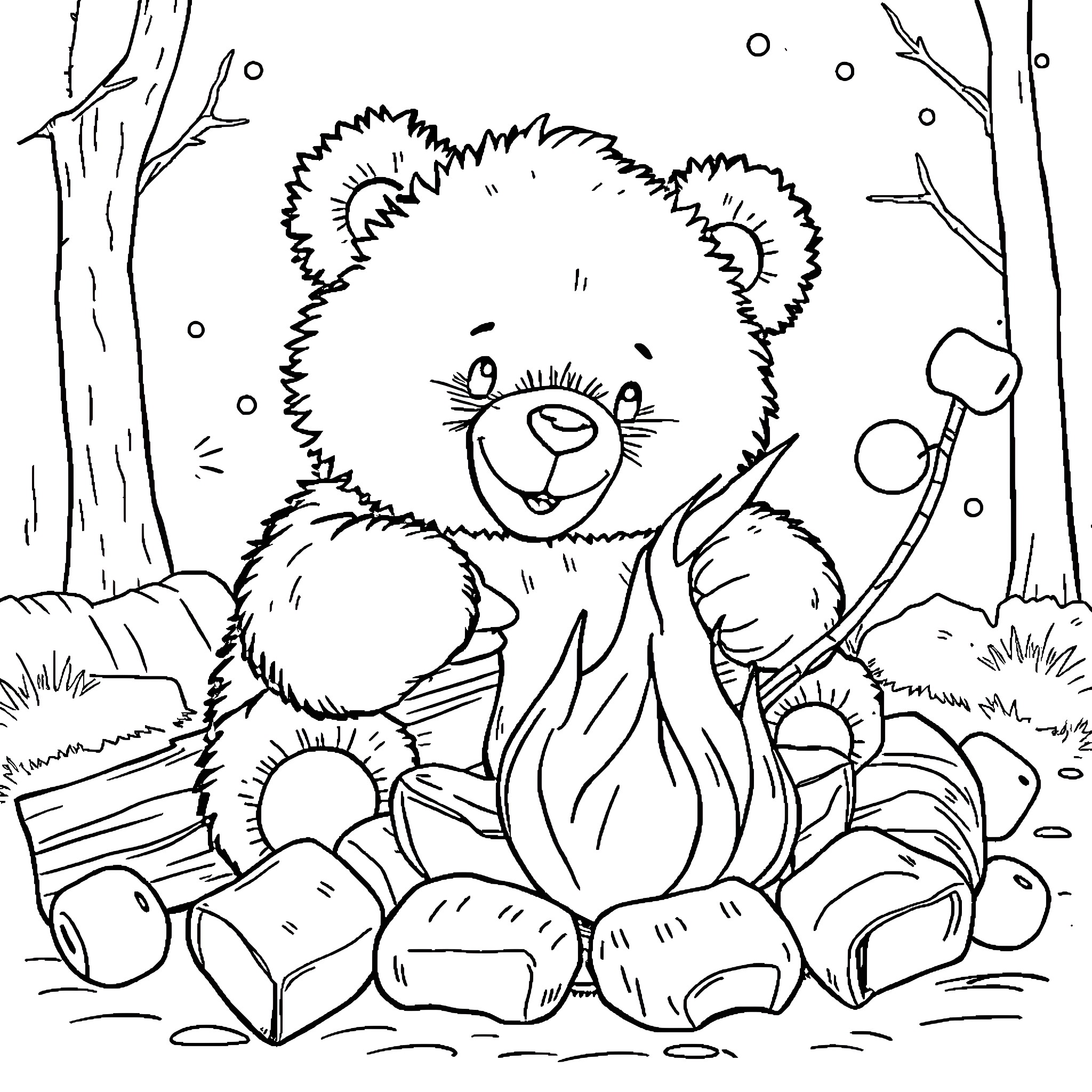 Teddy Bear Enjoying a Cozy Campfire in the Woods Coloring Page (free black-and-white line drawing printable PDF for all, from beginners to advanced learners, including children, teens, adults, and seniors)