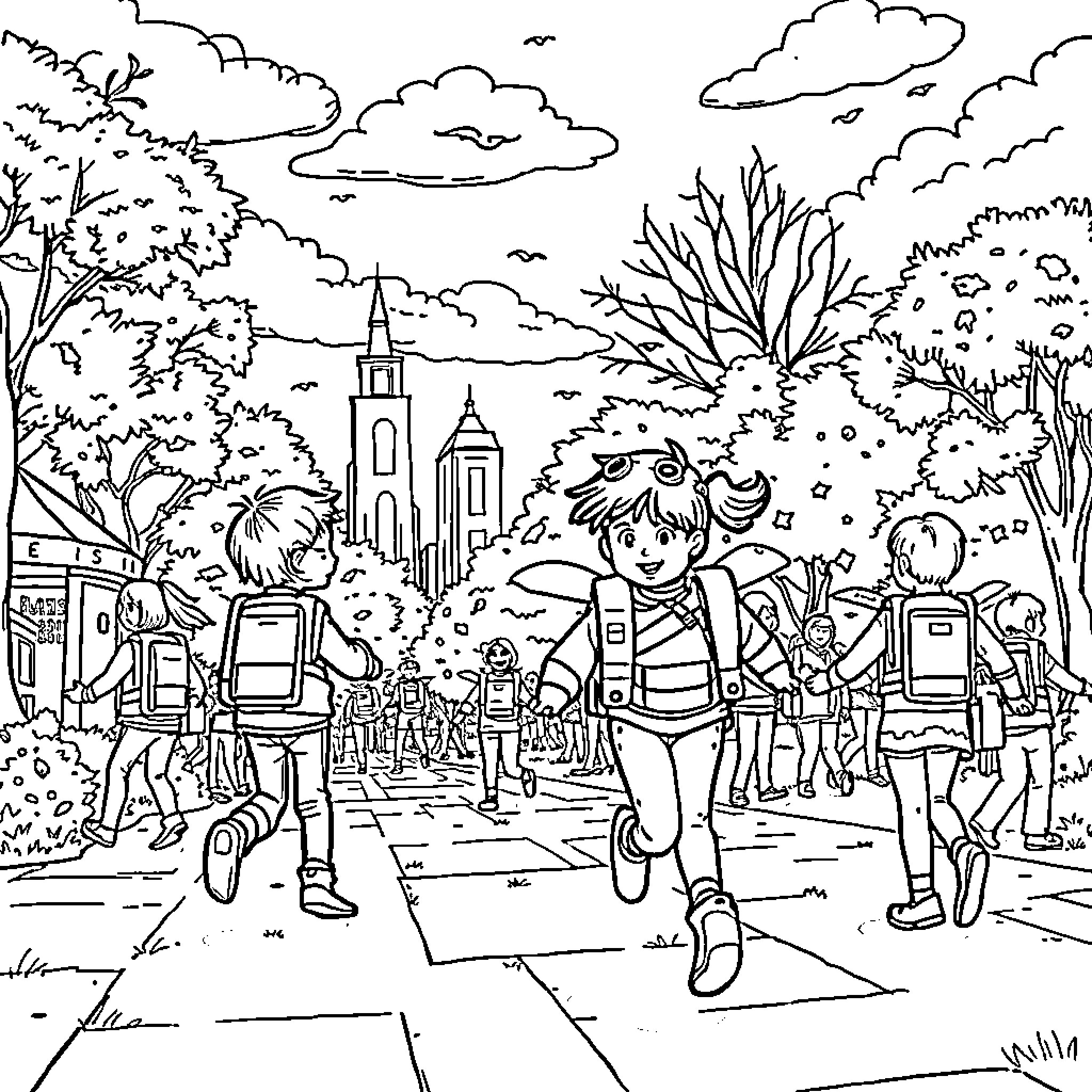 Kid walking to school on a fall day Coloring Page (free black-and-white line drawing printable PDF for all, from beginners to advanced learners, including children, teens, adults, and seniors)