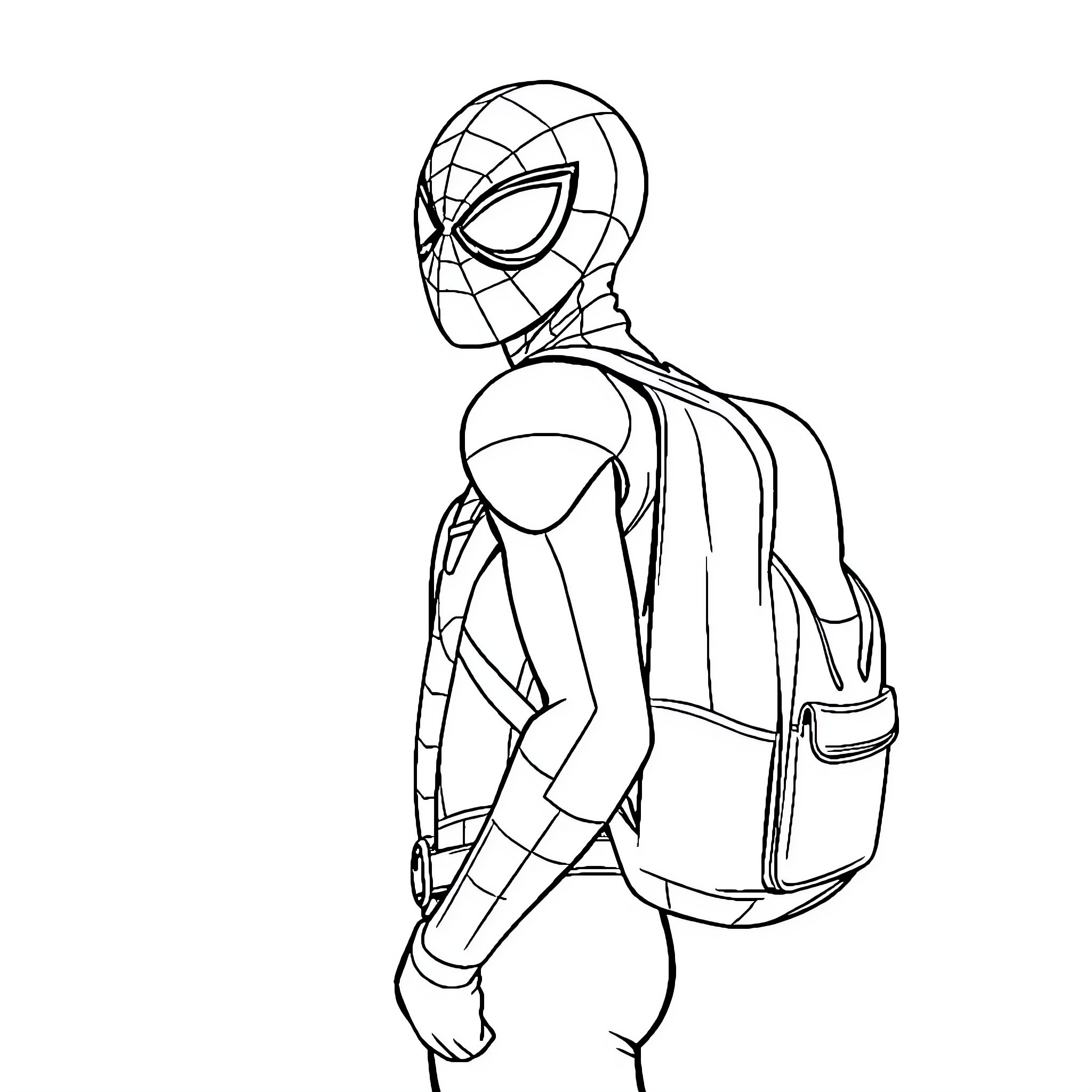 Spiderman walking with a backpack Coloring Page (free black-and-white line drawing printable PDF for all, from beginners to advanced learners, including children, teens, adults, and seniors)