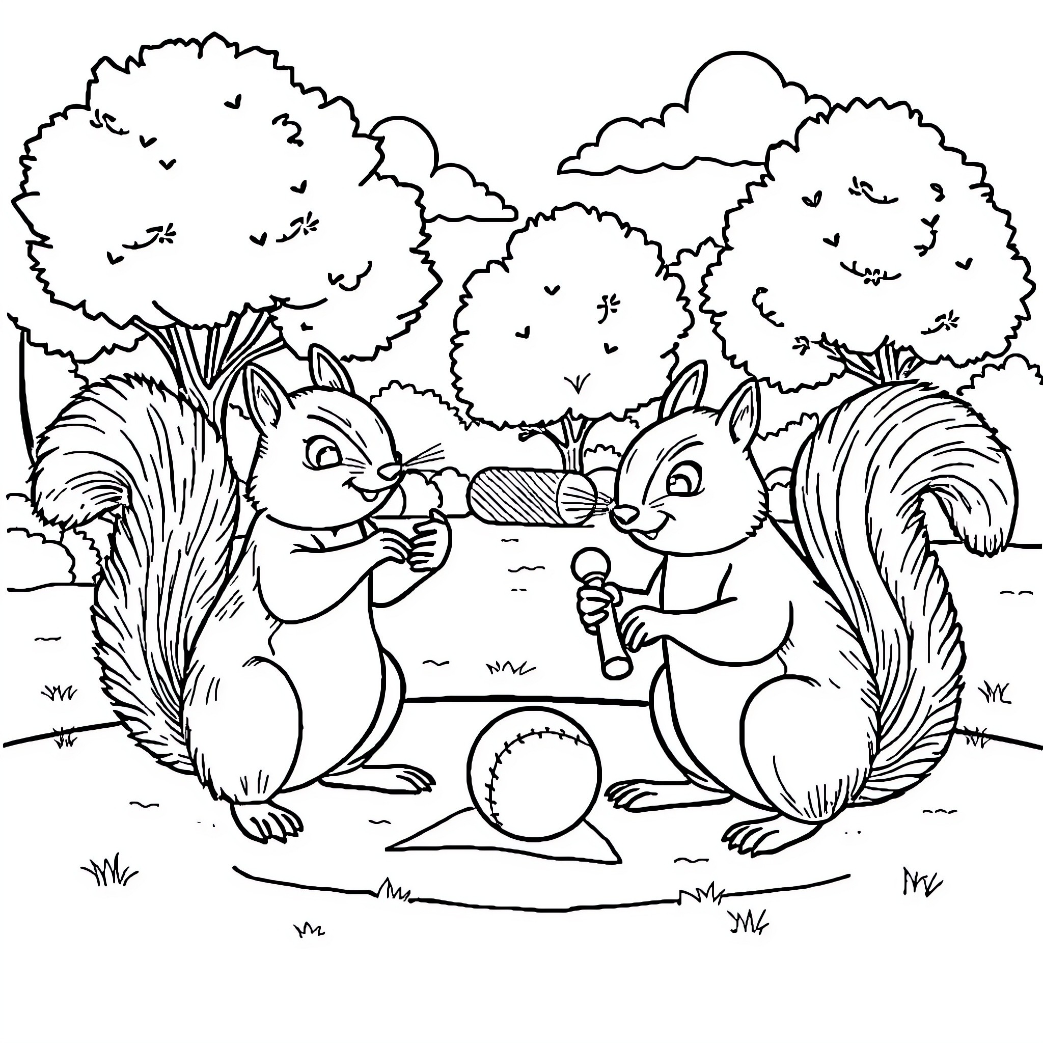 Squirrels playing with acorns in the forest Coloring Page (free black-and-white line drawing printable PDF for all, from beginners to advanced learners, including children, teens, adults, and seniors)