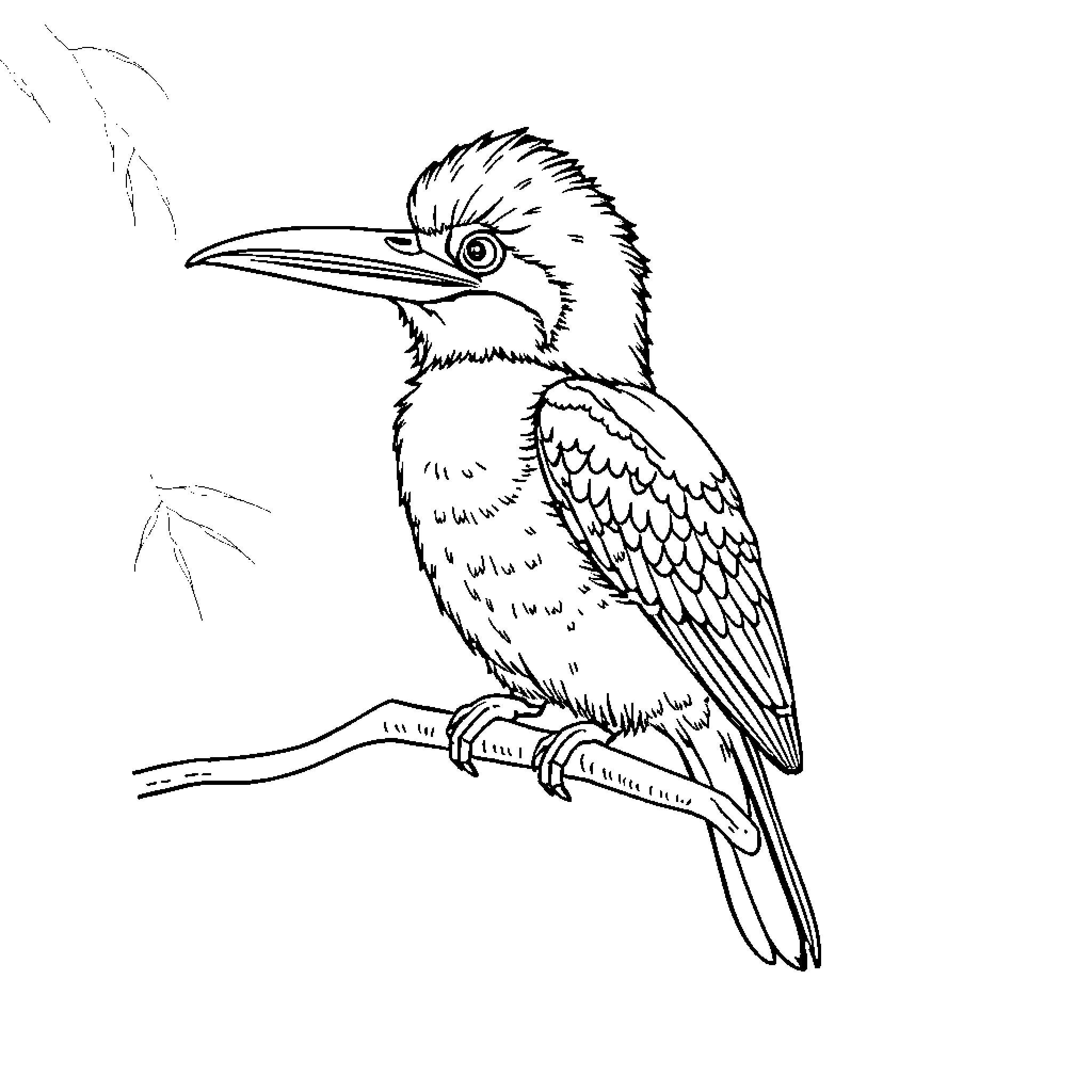 Kookaburra perched on a branch Coloring Page (free black-and-white line drawing printable PDF for all, from beginners to advanced learners, including children, teens, adults, and seniors)