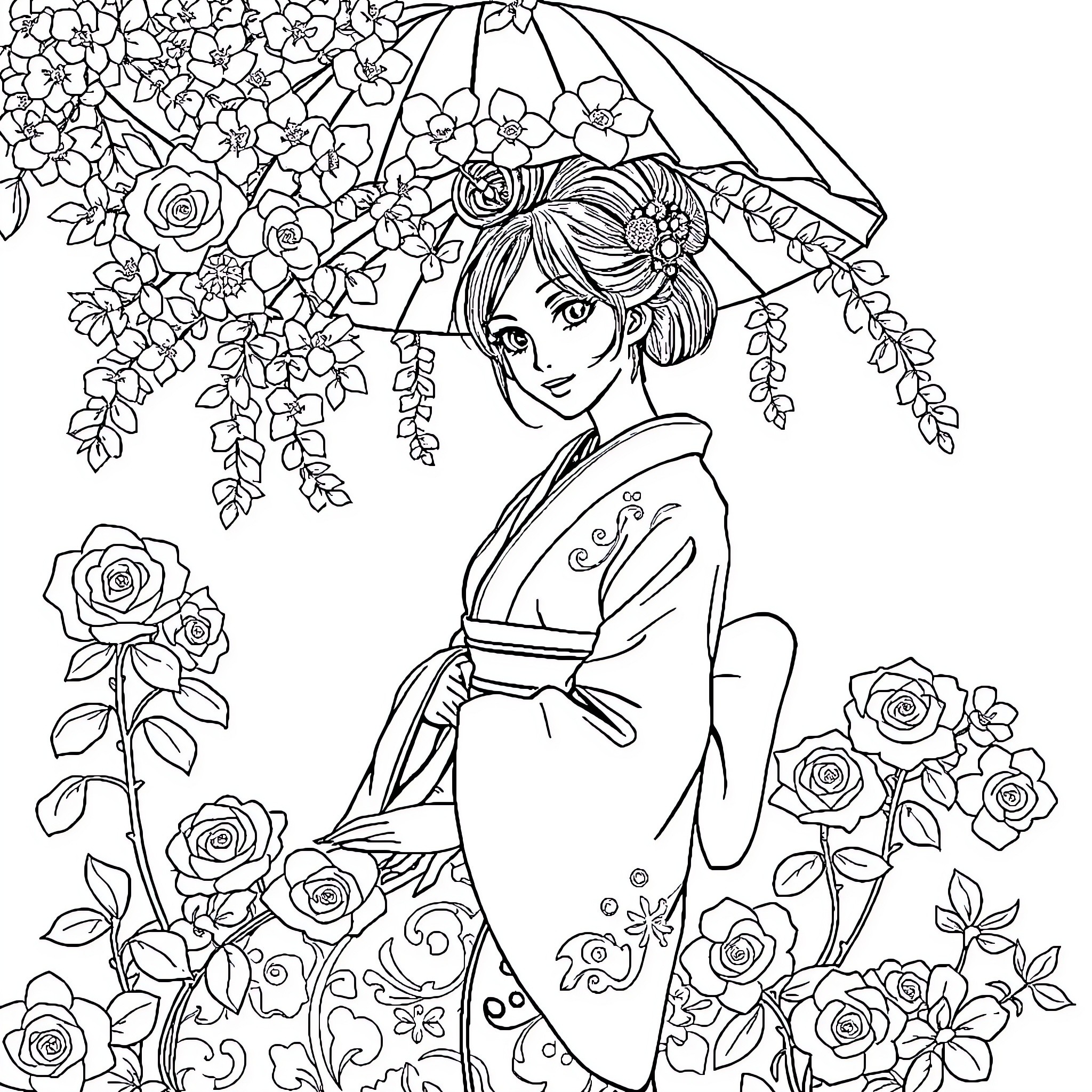 Japanese Woman Holding Floral Umbrella Amidst Blooming Flowers Coloring Page (free black-and-white line drawing printable PDF for all, from beginners to advanced learners, including children, teens, adults, and seniors)