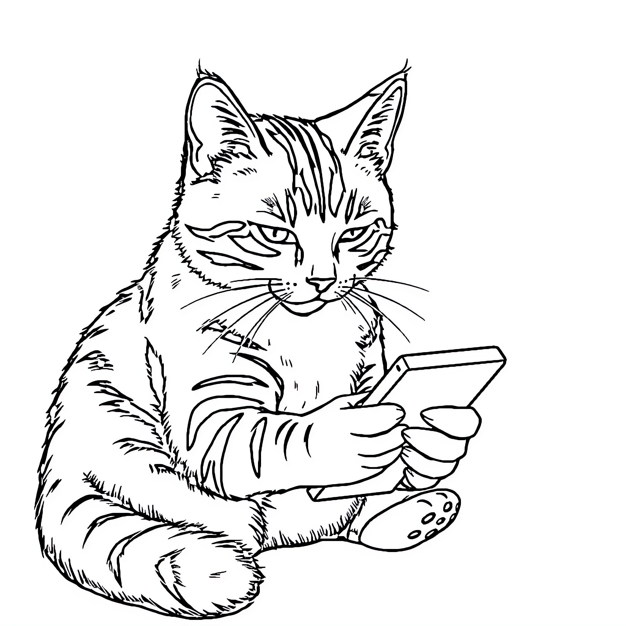 Gato reading a book intently Coloring Page (free black-and-white line drawing printable PDF for all, from beginners to advanced learners, including children, teens, adults, and seniors)