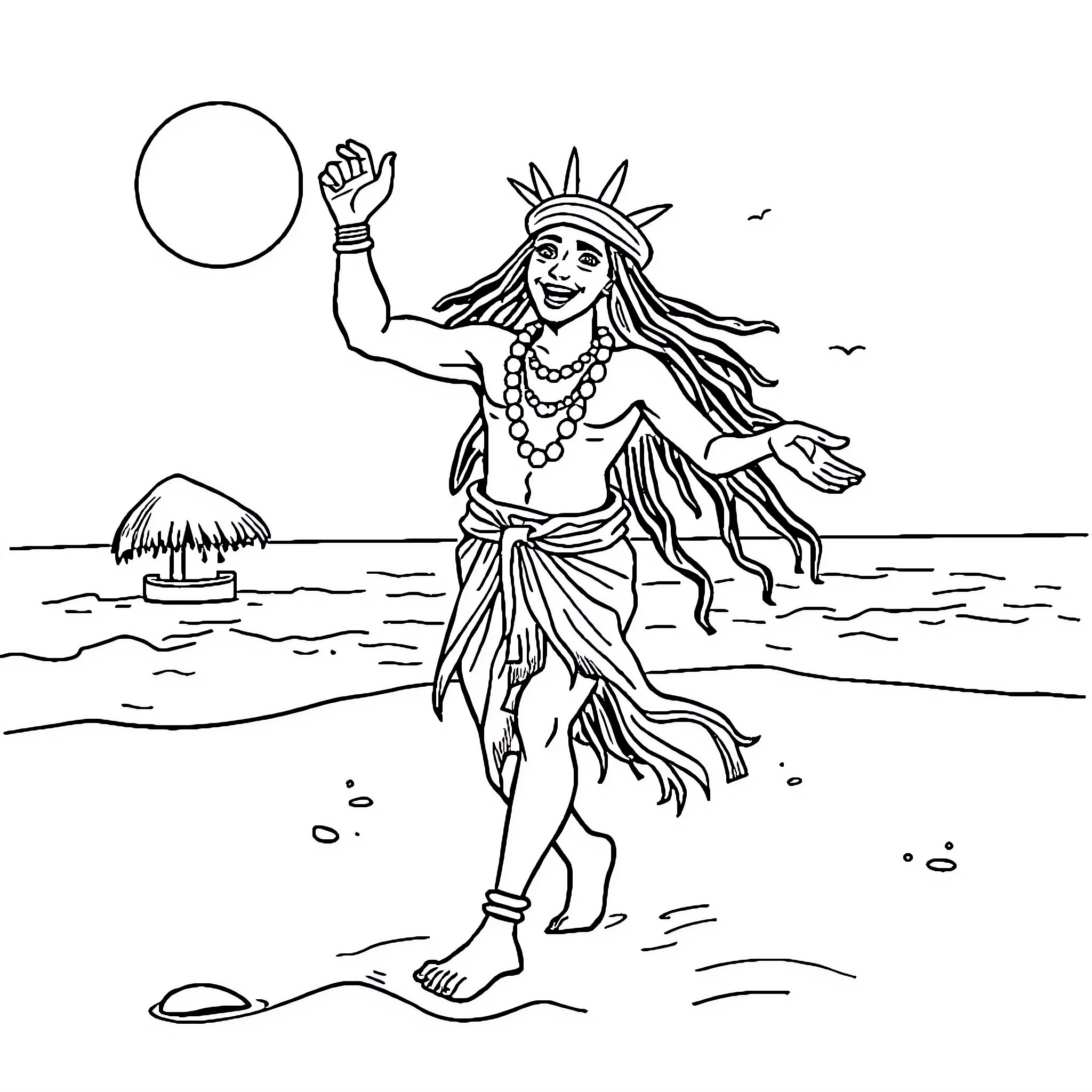 Yamal woman performing traditional dance by the seaside Coloring Page (free black-and-white line drawing printable PDF for all, from beginners to advanced learners, including children, teens, adults, and seniors)