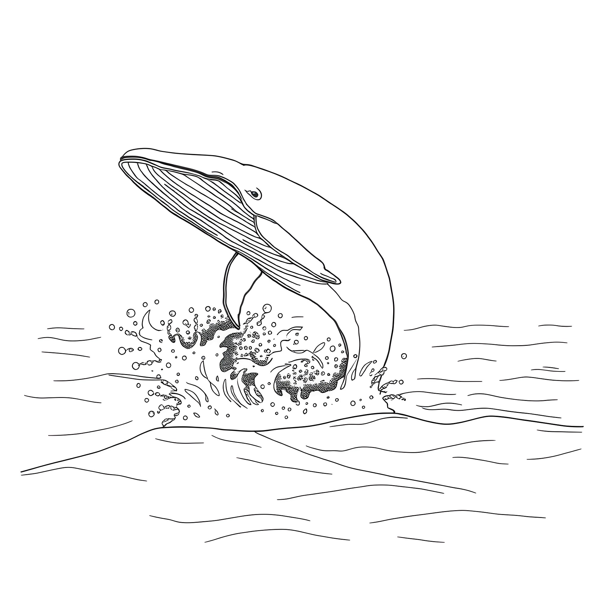 Whale leaping out of the ocean Coloring Page (free black-and-white line drawing printable PDF for all, from beginners to advanced learners, including children, teens, adults, and seniors)