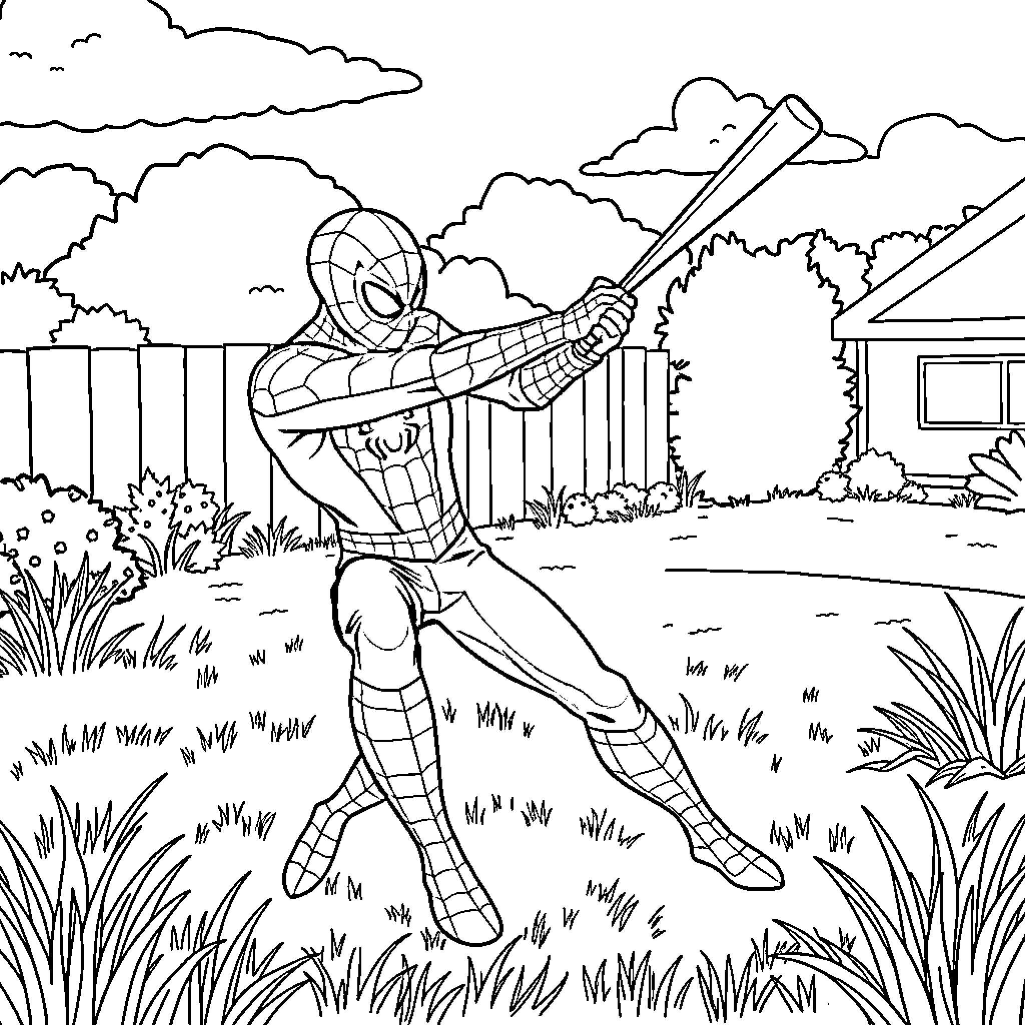 Spiderman swinging through the neighborhood Coloring Page (free black-and-white line drawing printable PDF for all, from beginners to advanced learners, including children, teens, adults, and seniors)