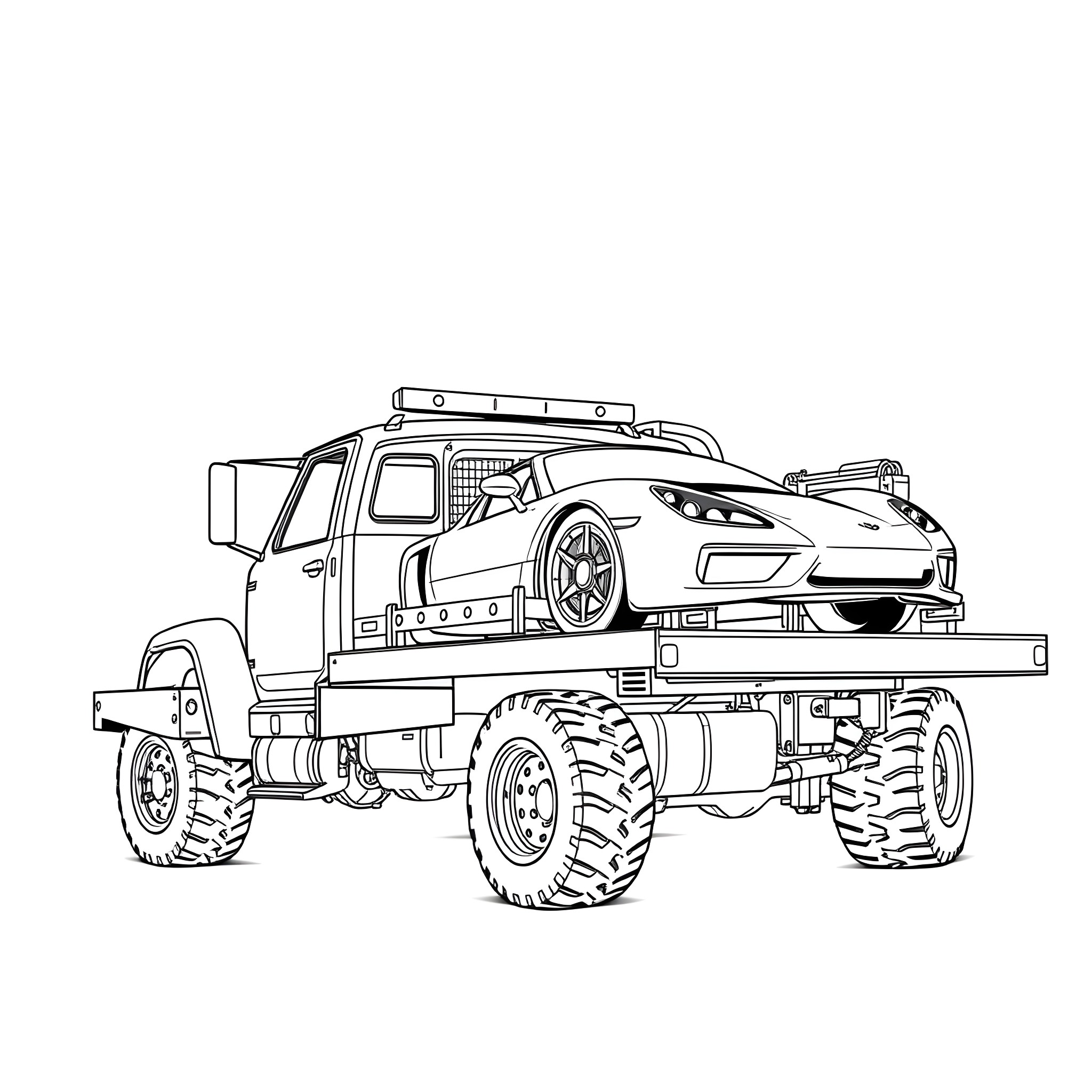 Truck with large off-road tires and exterior accessories Coloring Page (free black-and-white line drawing printable PDF for all, from beginners to advanced learners, including children, teens, adults, and seniors)