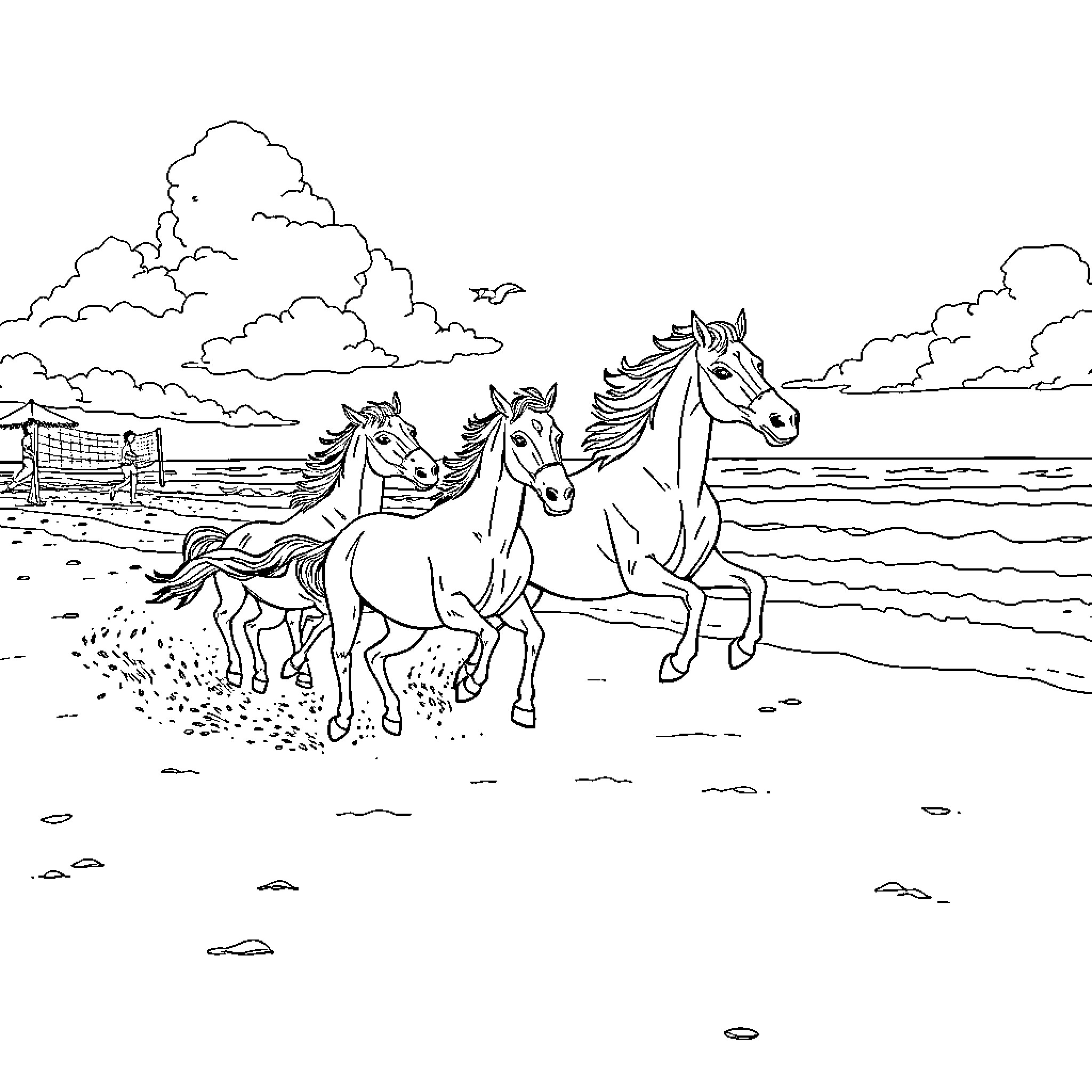 Horse herd running freely in the countryside Coloring Page (free black-and-white line drawing printable PDF for all, from beginners to advanced learners, including children, teens, adults, and seniors)