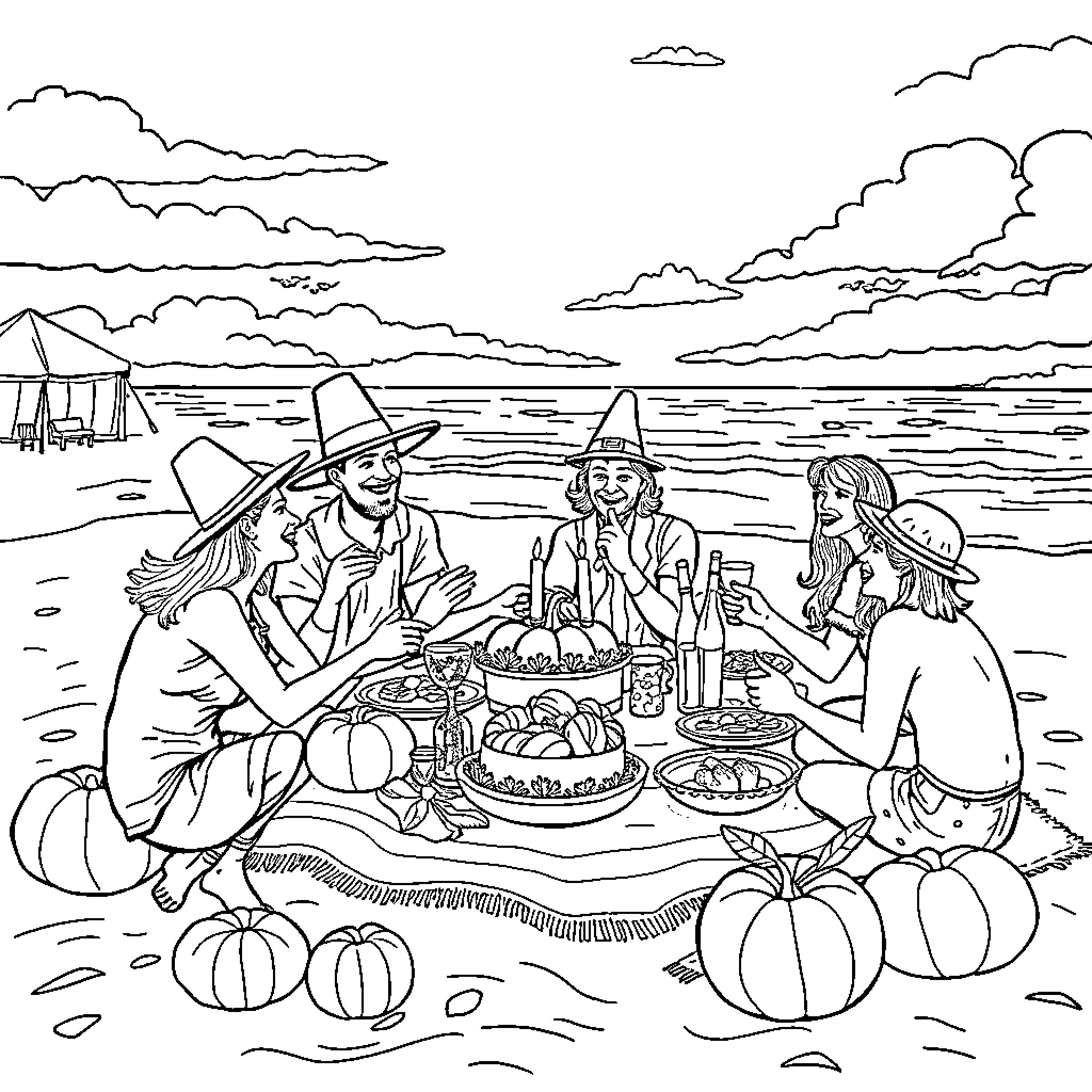 Thanksgiving Family Gathering by the Beach Coloring Page (free black-and-white line drawing printable PDF for all, from beginners to advanced learners, including children, teens, adults, and seniors)