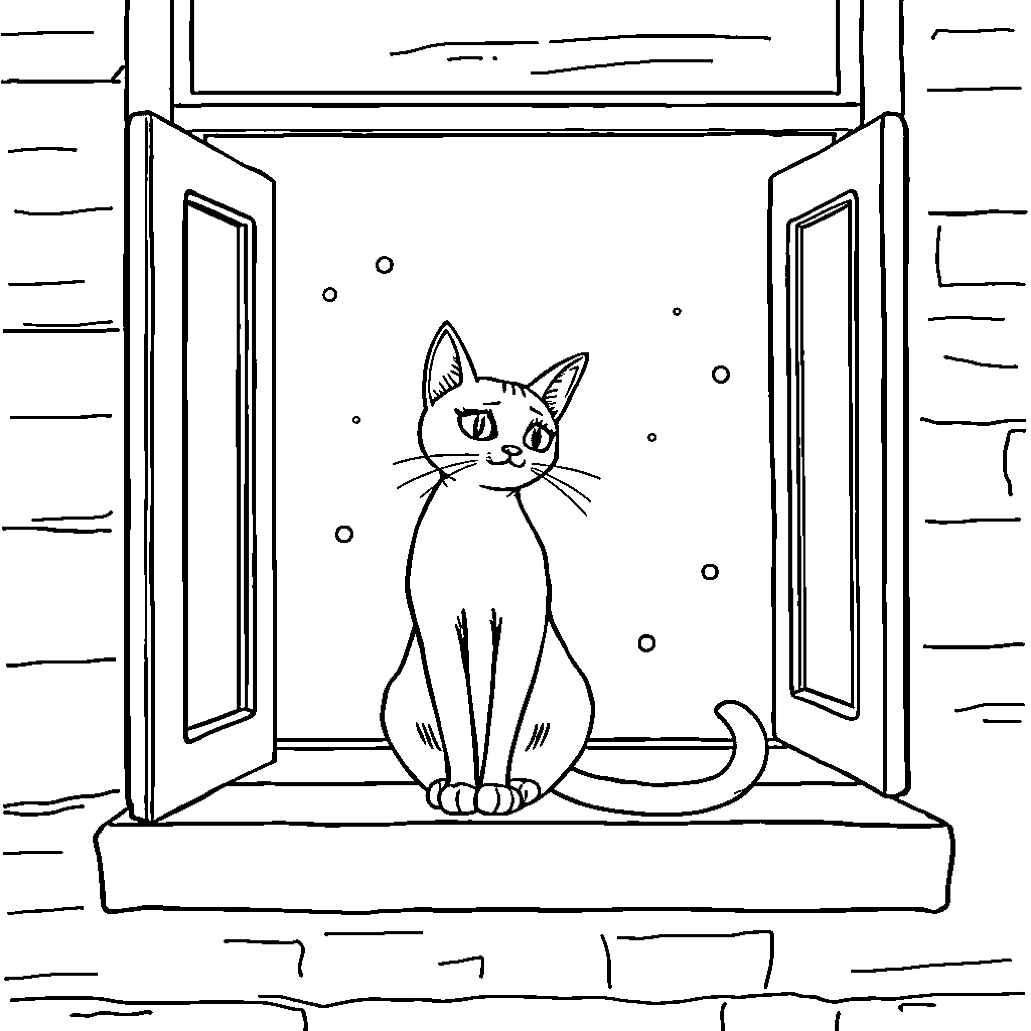 Cat Sitting on Window Sill Coloring Page (free black-and-white line drawing printable PDF for all, from beginners to advanced learners, including children, teens, adults, and seniors)
