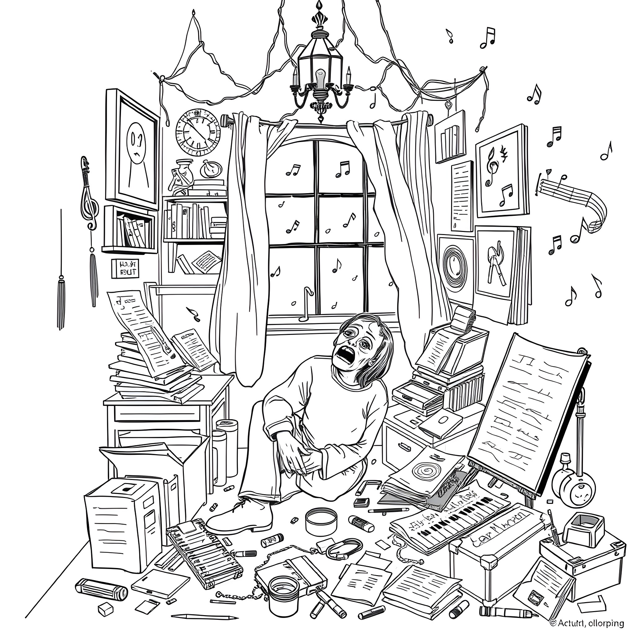 Kurt Cobain's Eclectic Music Studio Coloring Page (free black-and-white line drawing printable PDF for all, from beginners to advanced learners, including children, teens, adults, and seniors)