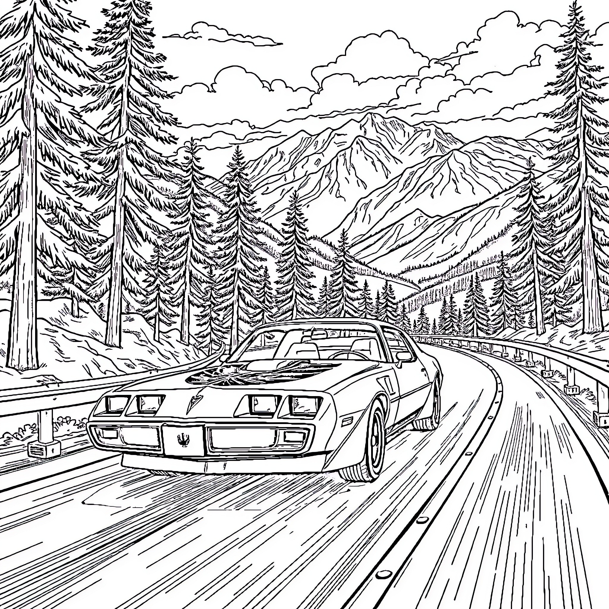 Firebird racing through enchanting mountain landscape Coloring Page (free black-and-white line drawing printable PDF for all, from beginners to advanced learners, including children, teens, adults, and seniors)