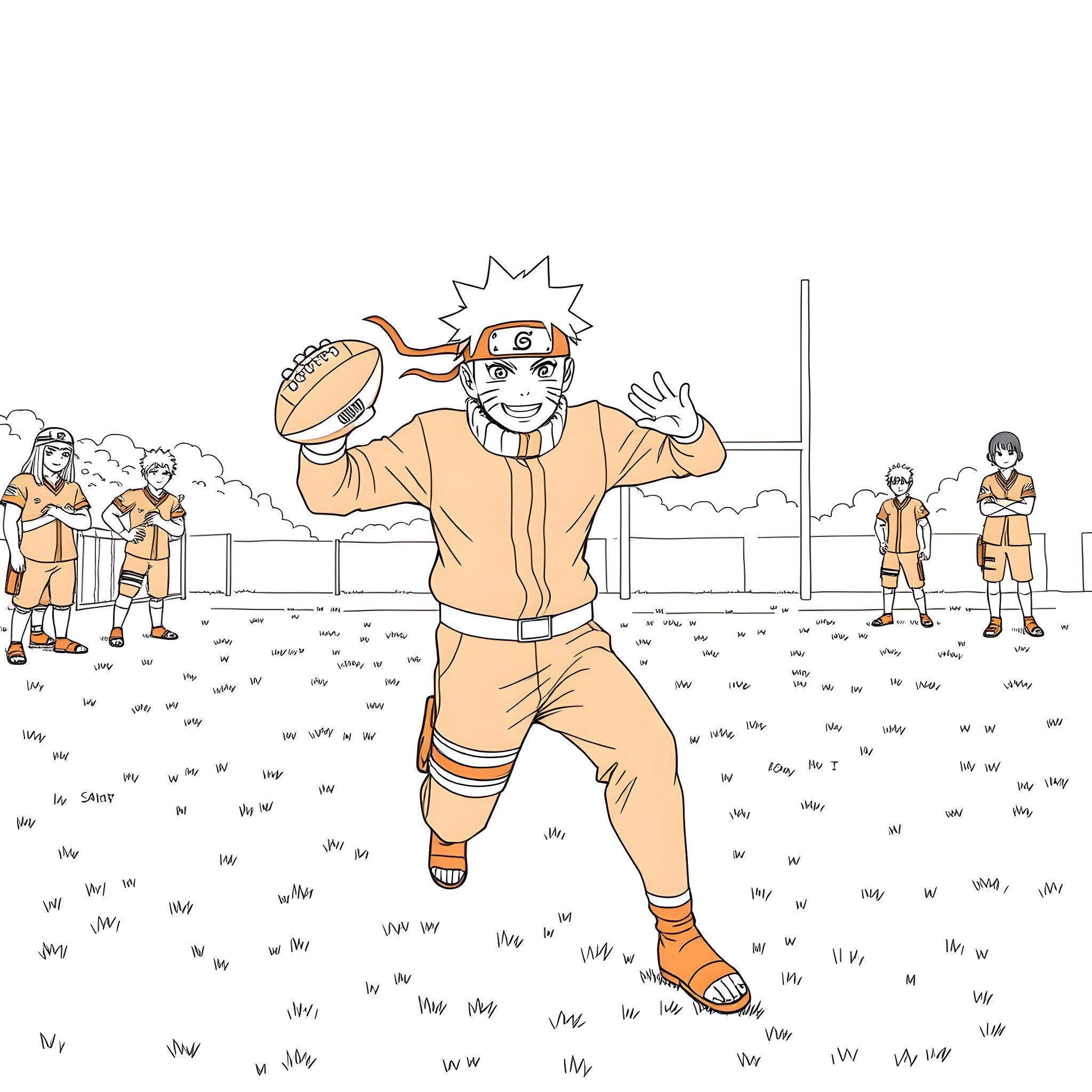 Naruto characters in lively outdoor scene Coloring Page (free black-and-white line drawing printable PDF for all, from beginners to advanced learners, including children, teens, adults, and seniors)