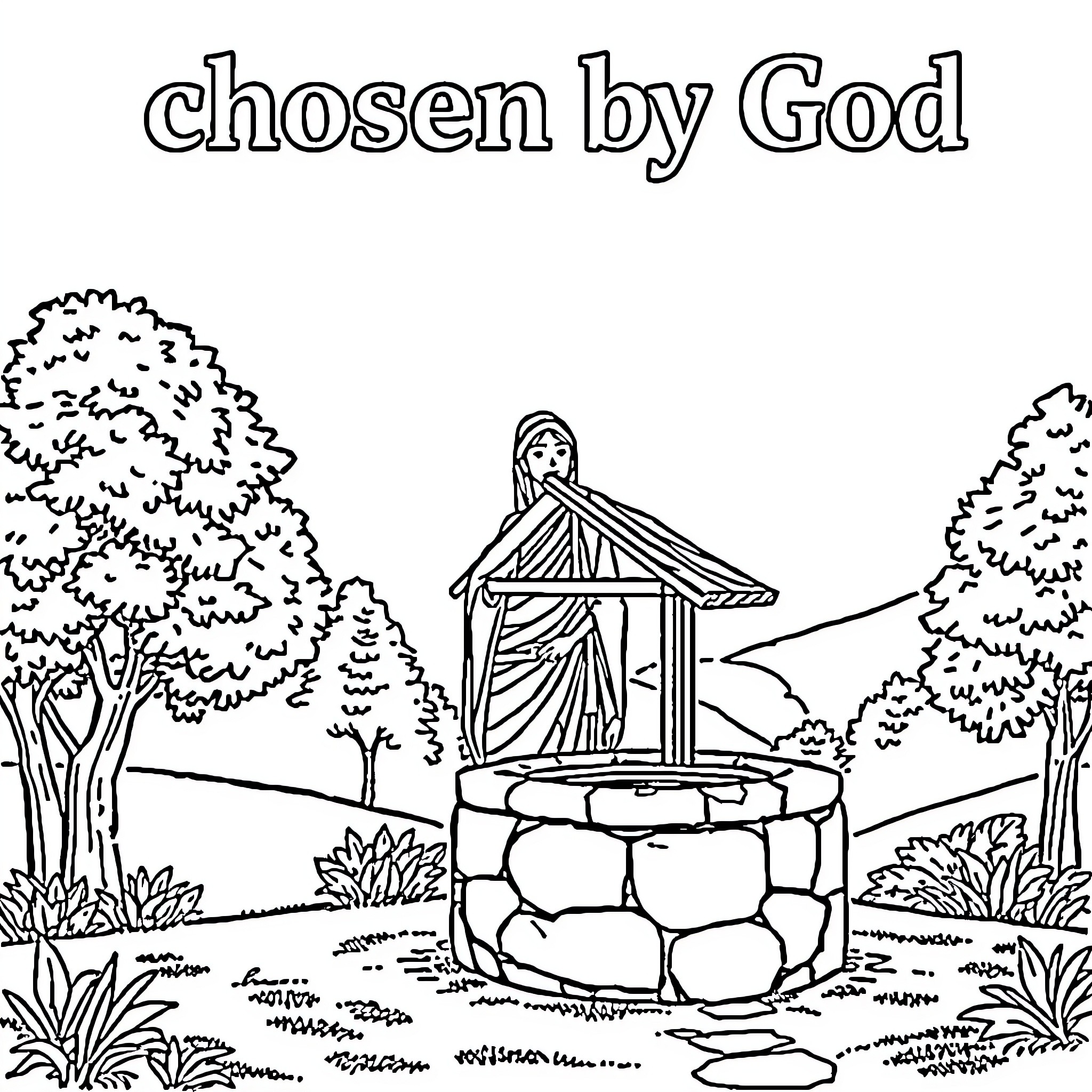 Rebecca's Devotion in Nature's Embrace Coloring Page (free black-and-white line drawing printable PDF for all, from beginners to advanced learners, including children, teens, adults, and seniors)