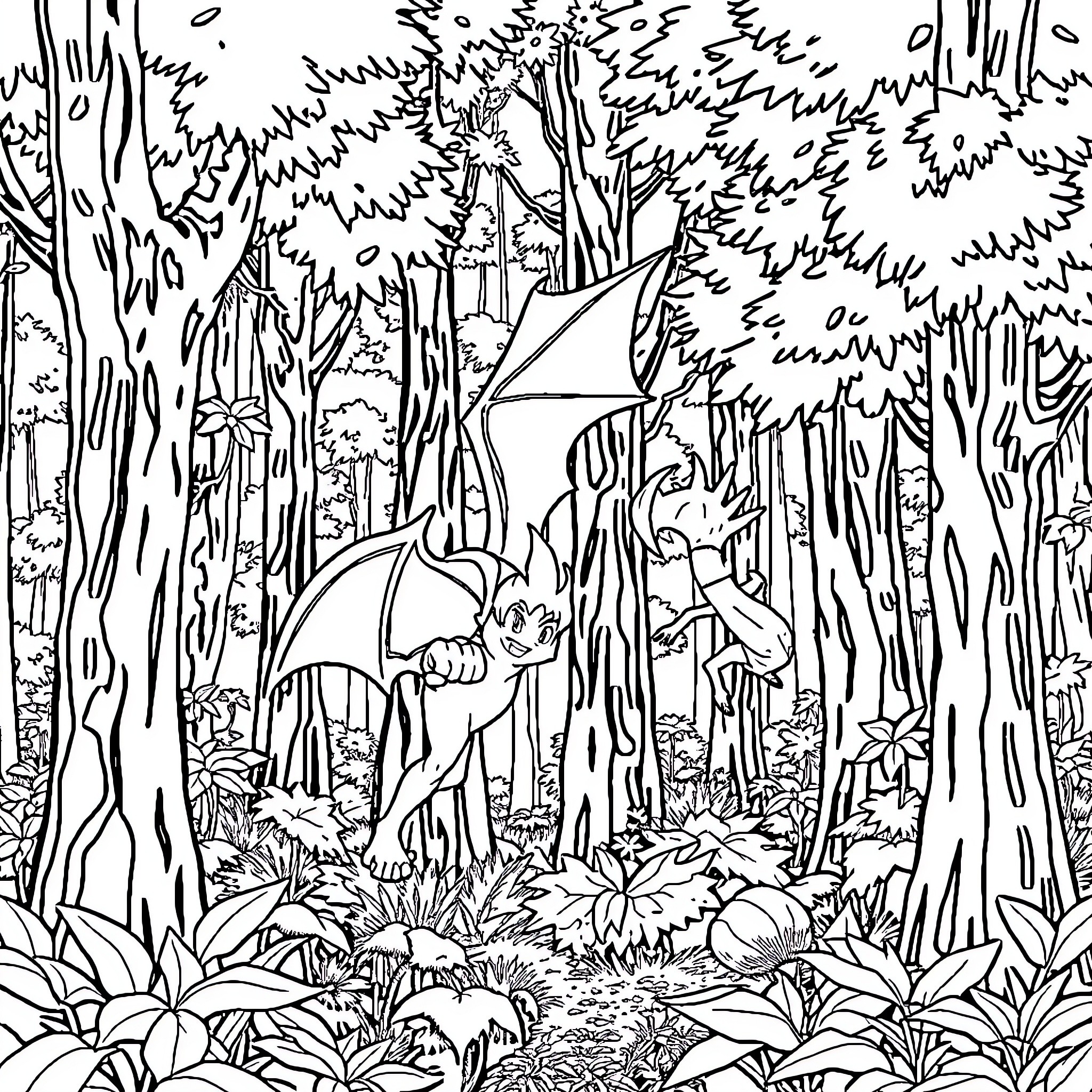 Gon's Magical Forest Adventure Coloring Page (free black-and-white line drawing printable PDF for all, from beginners to advanced learners, including children, teens, adults, and seniors)
