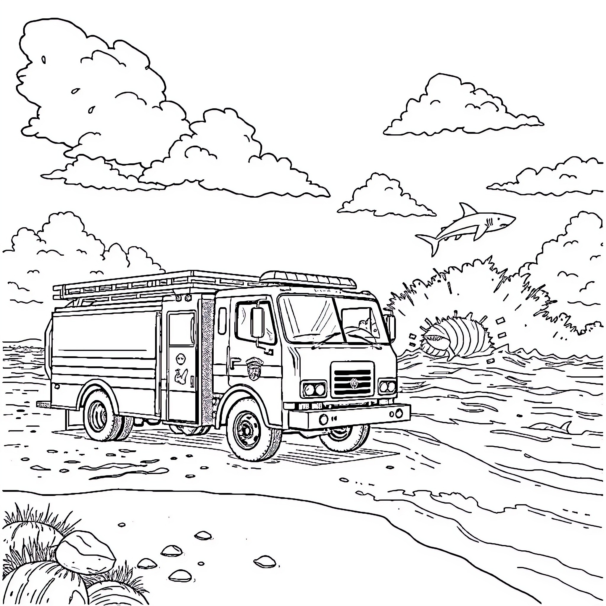 Fire Truck responding to emergency in nature Coloring Page (free black-and-white line drawing printable PDF for all, from beginners to advanced learners, including children, teens, adults, and seniors)