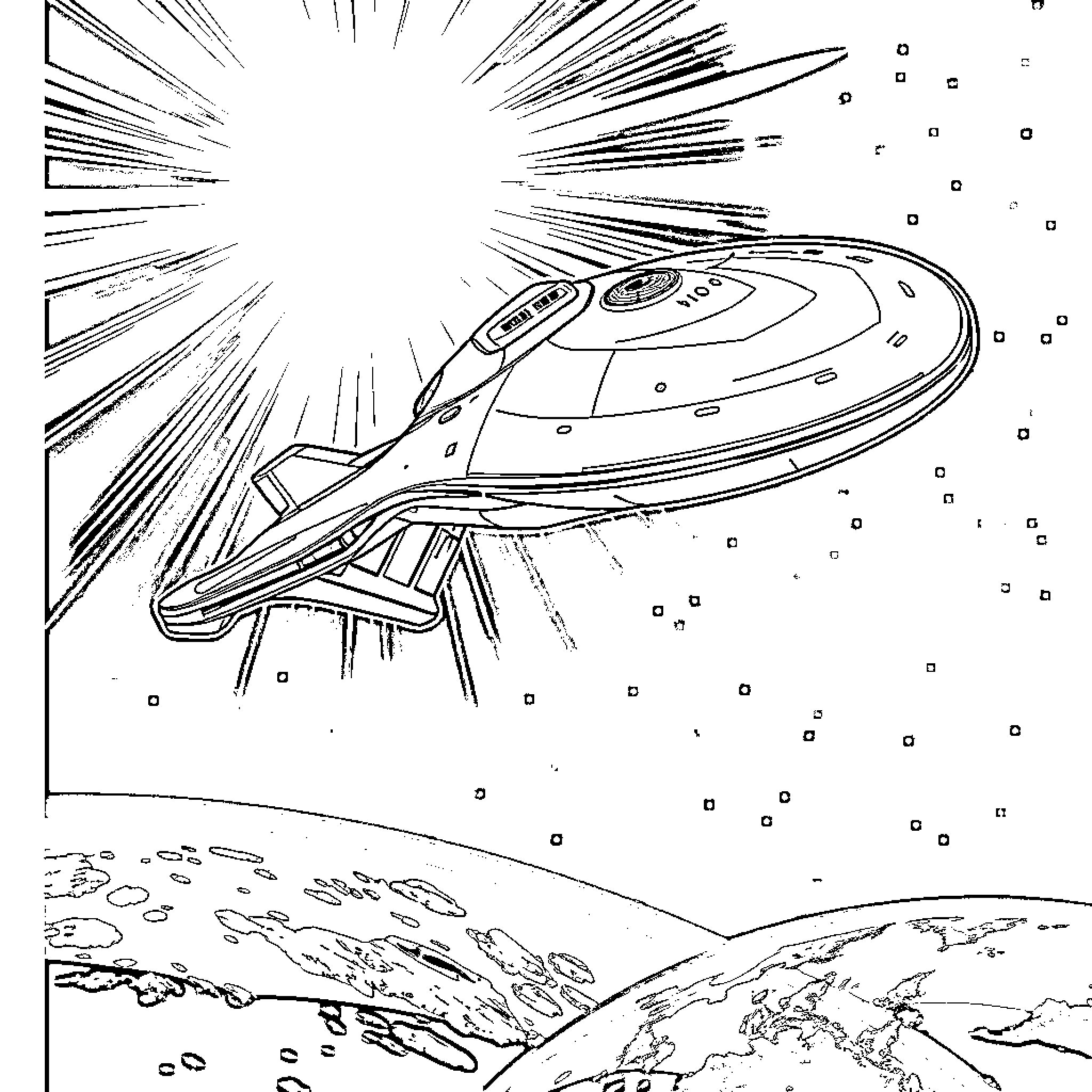 USS Voyager soaring through the stars Coloring Page (free black-and-white line drawing printable PDF for all, from beginners to advanced learners, including children, teens, adults, and seniors)