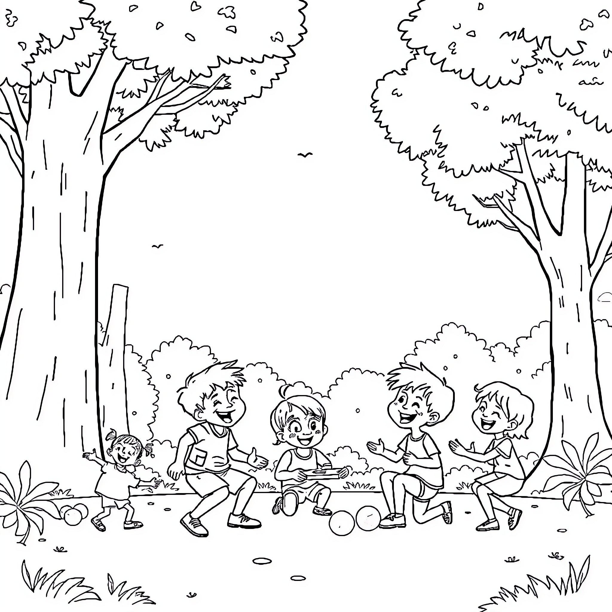 Child playing outdoors in forest setting Coloring Page (free black-and-white line drawing printable PDF for all, from beginners to advanced learners, including children, teens, adults, and seniors)