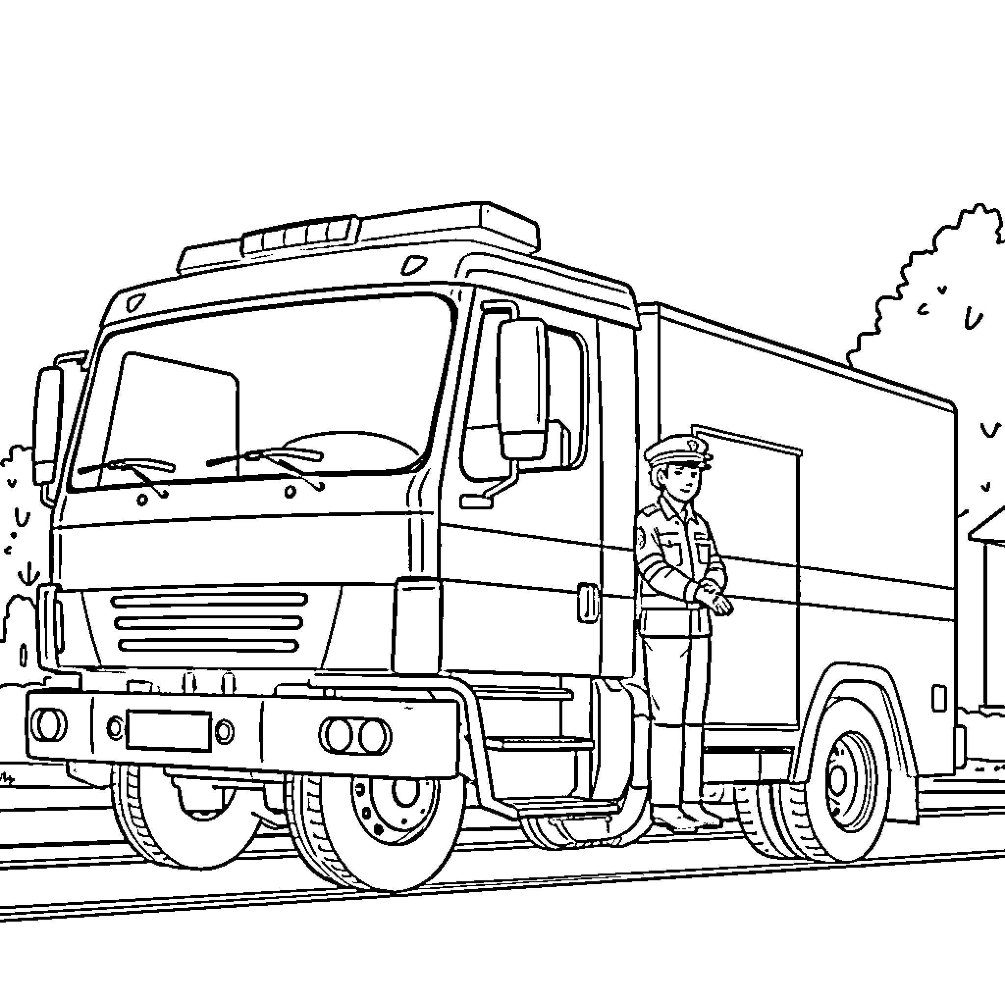 Camion Pompier in action with firefighter Coloring Page (free black-and-white line drawing printable PDF for all, from beginners to advanced learners, including children, teens, adults, and seniors)