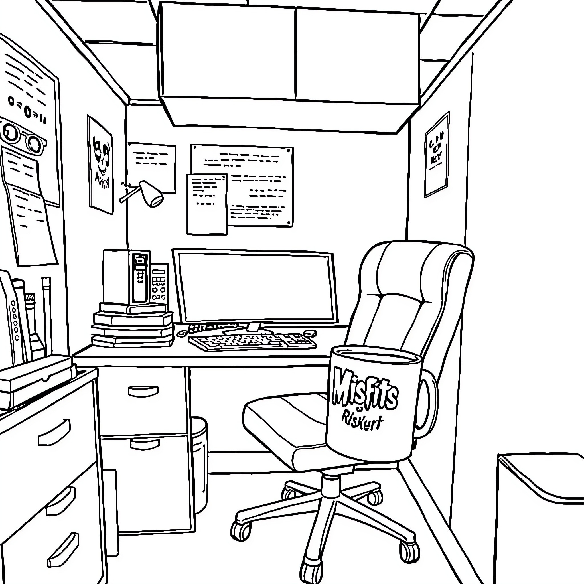 Cubicle with Desk, Computer, and Swivel Chair Coloring Page (free black-and-white line drawing printable PDF for all, from beginners to advanced learners, including children, teens, adults, and seniors)