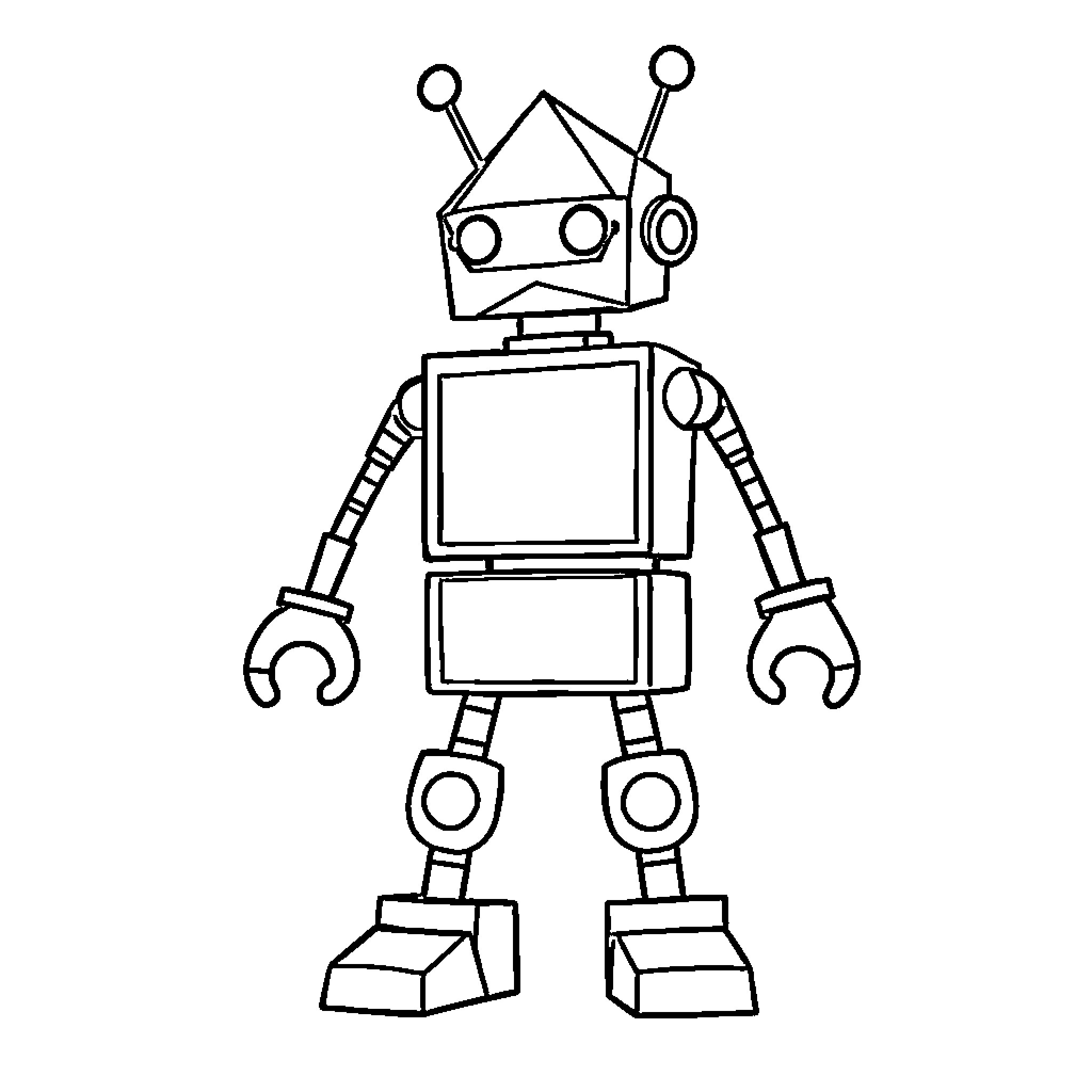 Robot with unique geometric design and features Coloring Page (free black-and-white line drawing printable PDF for all, from beginners to advanced learners, including children, teens, adults, and seniors)
