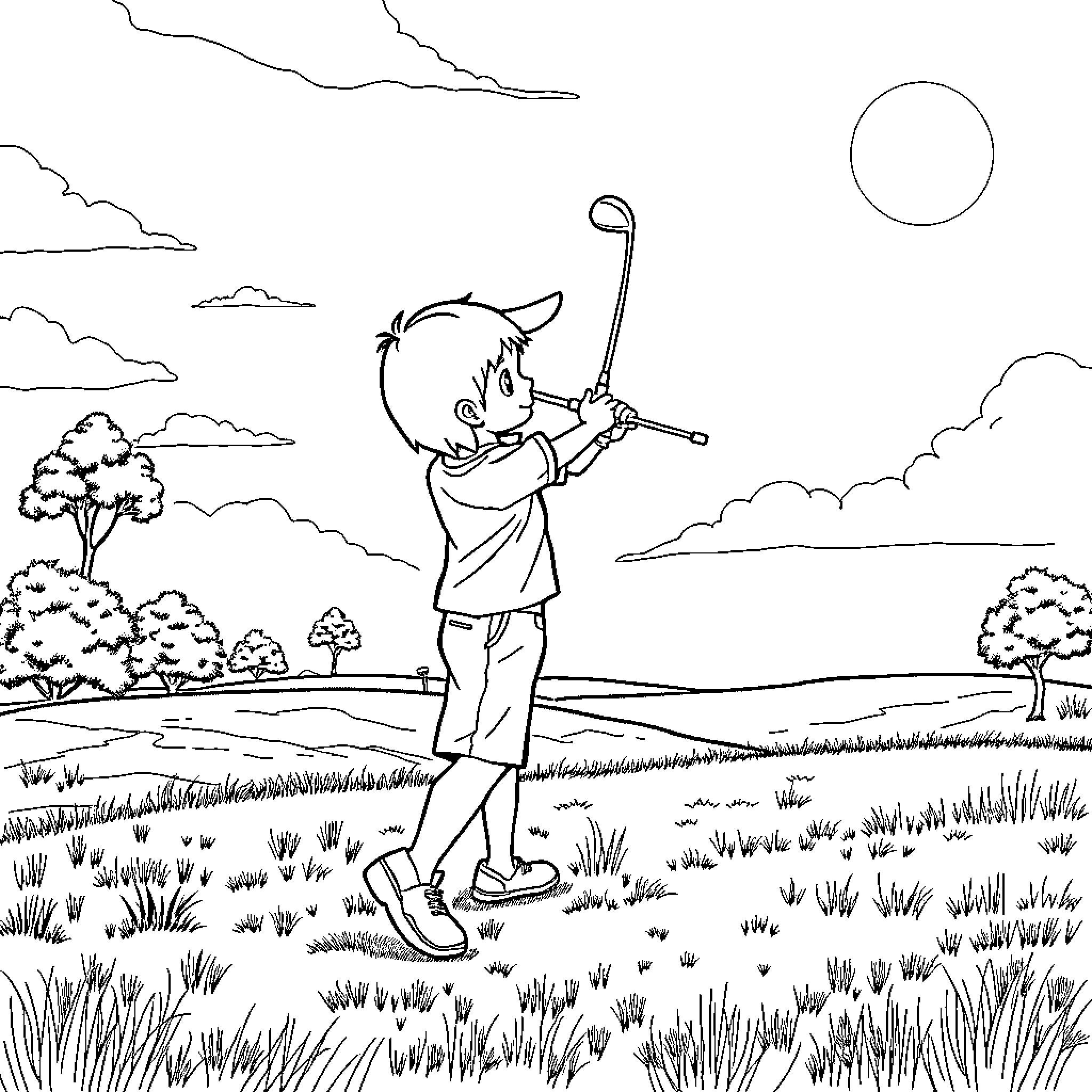 Kid playing with golf club in scenic landscape Coloring Page (free black-and-white line drawing printable PDF for all, from beginners to advanced learners, including children, teens, adults, and seniors)