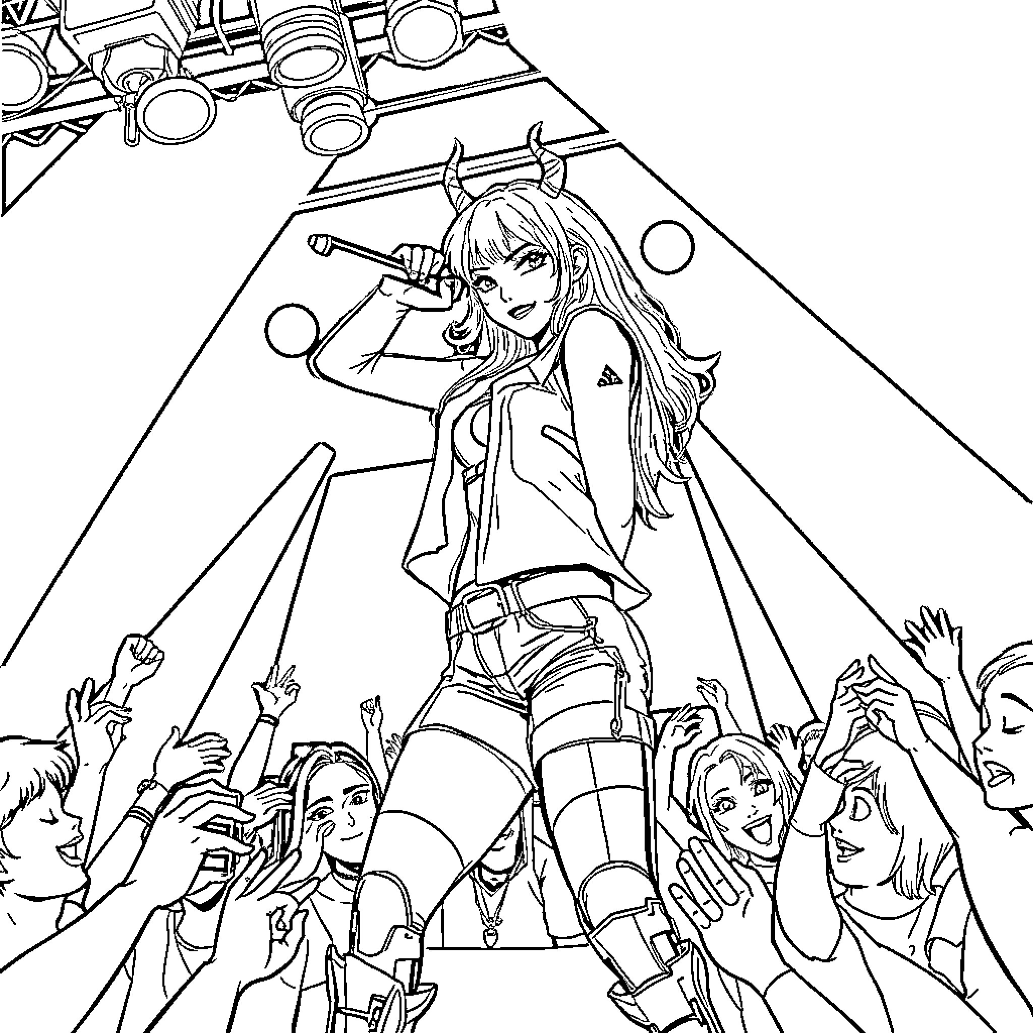 Zoey's Energetic Performance on Stage Coloring Page (free black-and-white line drawing printable PDF for all, from beginners to advanced learners, including children, teens, adults, and seniors)