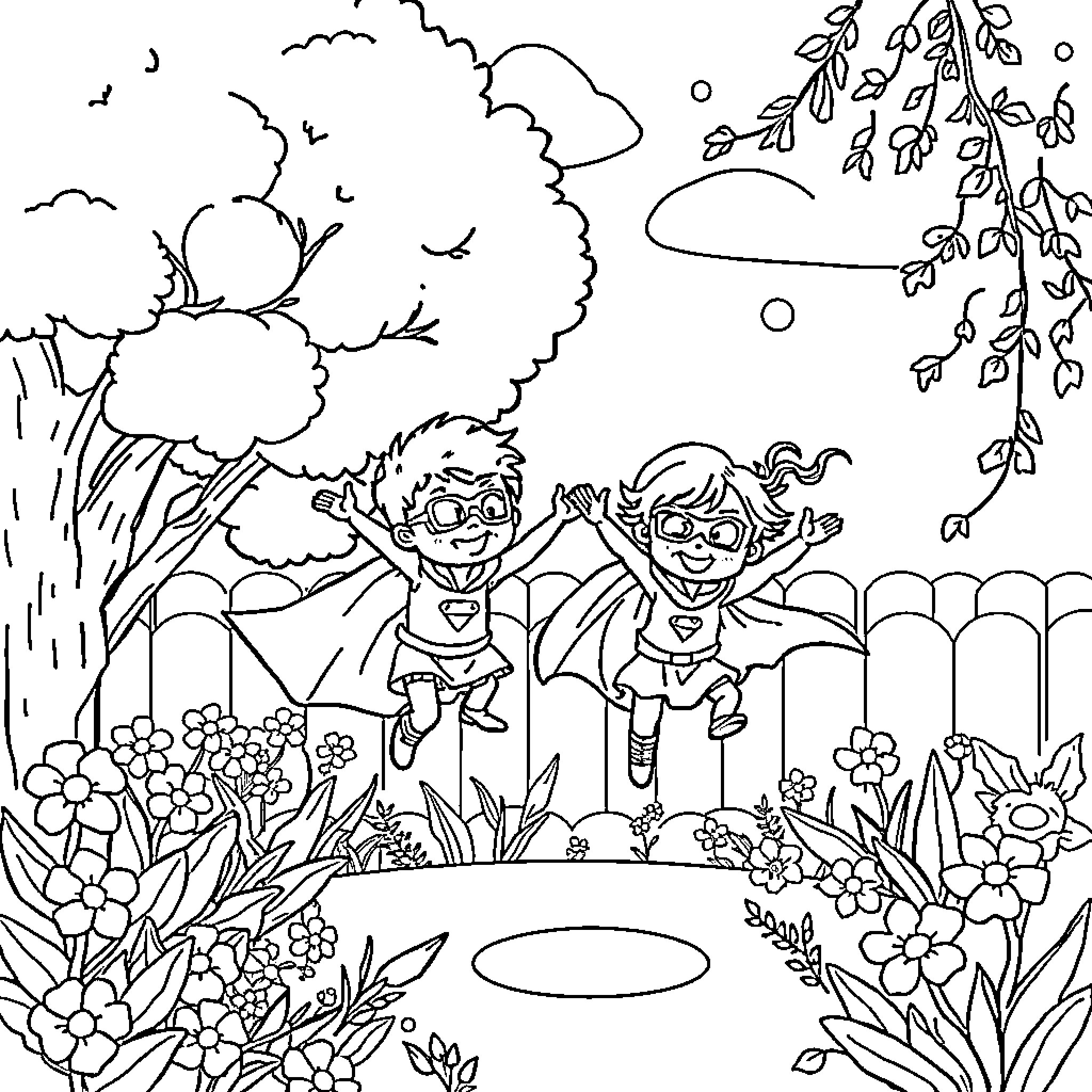 Niños jugando alegremente en el jardín Coloring Page (free black-and-white line drawing printable PDF for all, from beginners to advanced learners, including children, teens, adults, and seniors)