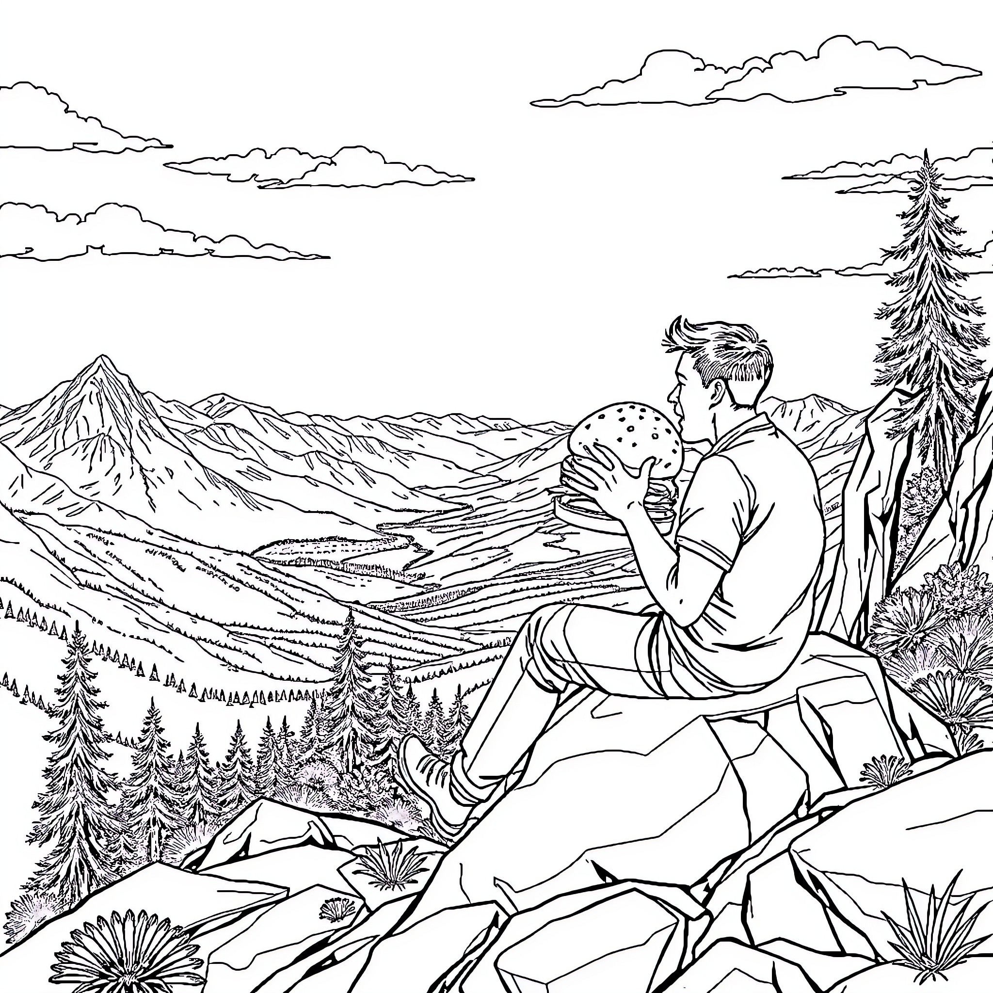 Man overlooking scenic mountain landscape Coloring Page (free black-and-white line drawing printable PDF for all, from beginners to advanced learners, including children, teens, adults, and seniors)