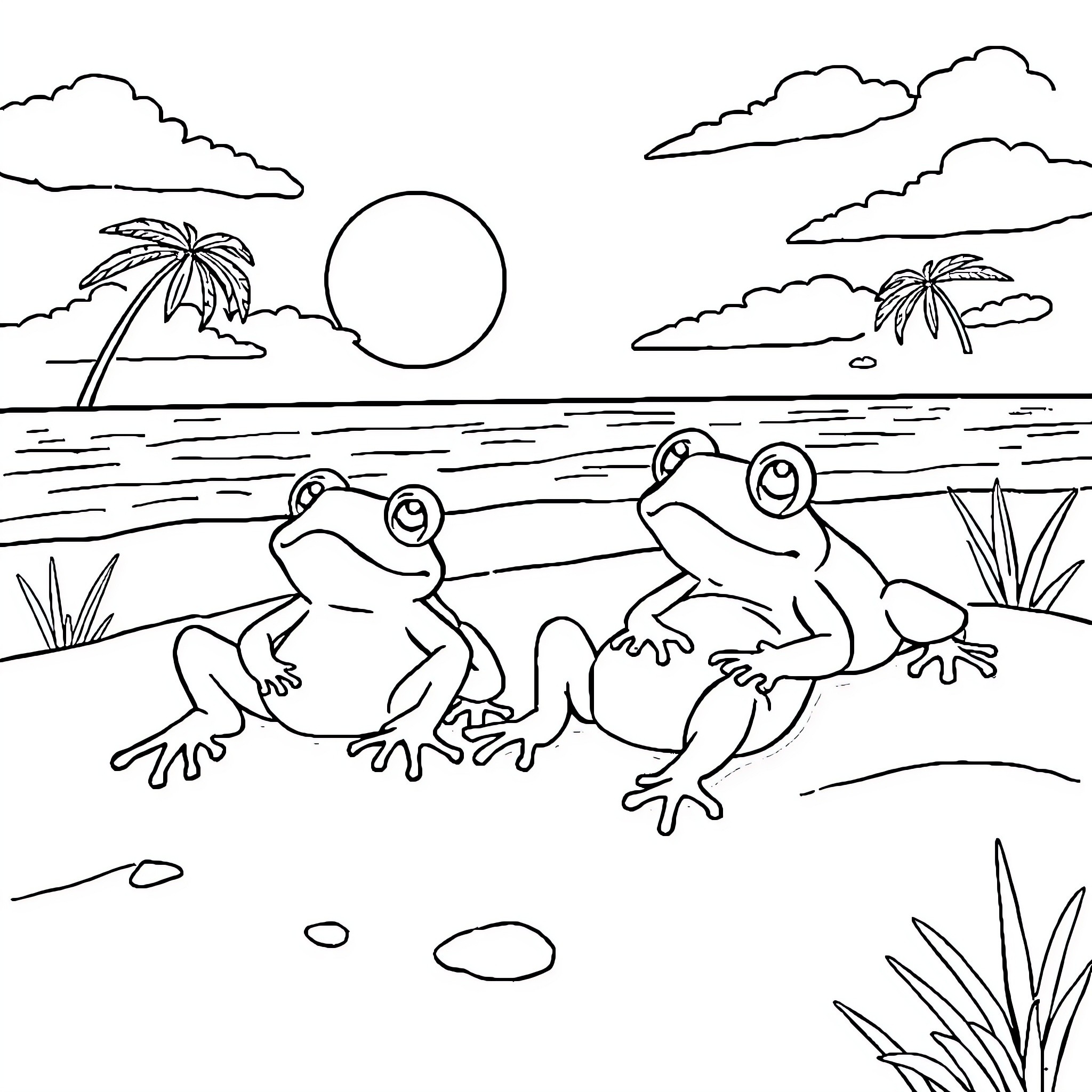 Frog friends enjoying a sunny day on the beach Coloring Page (free black-and-white line drawing printable PDF for all, from beginners to advanced learners, including children, teens, adults, and seniors)