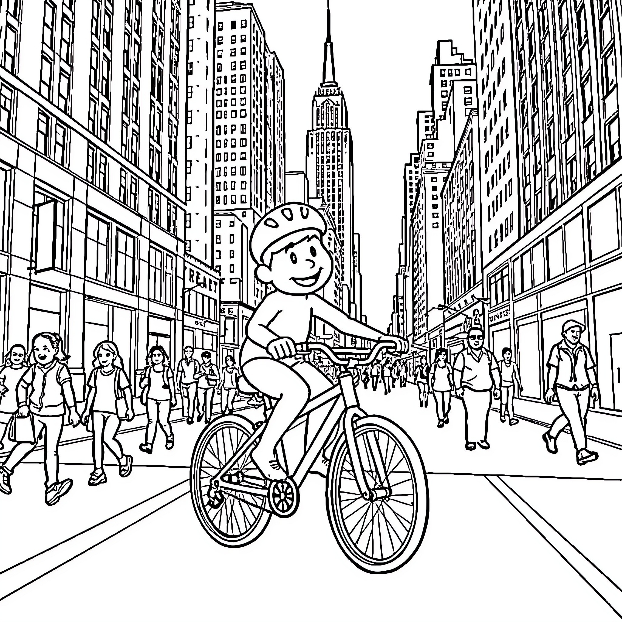 Bluey Explores the Bustling City on Bicycle Coloring Page (free black-and-white line drawing printable PDF for all, from beginners to advanced learners, including children, teens, adults, and seniors)