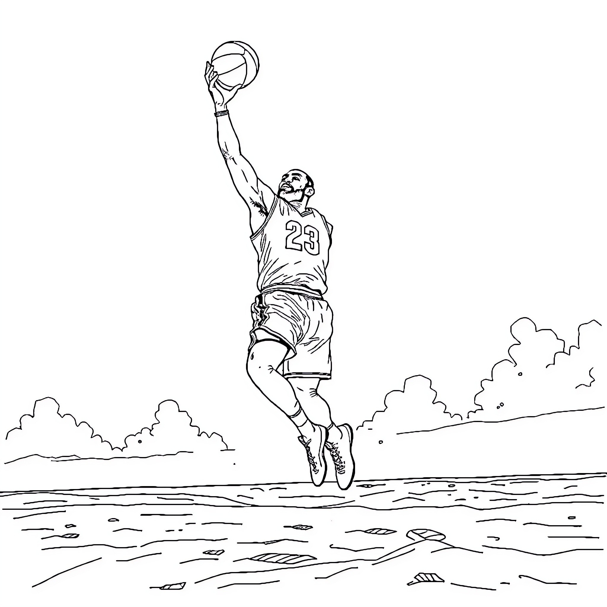 LeBron James soaring for a basketball dunk Coloring Page (free black-and-white line drawing printable PDF for all, from beginners to advanced learners, including children, teens, adults, and seniors)