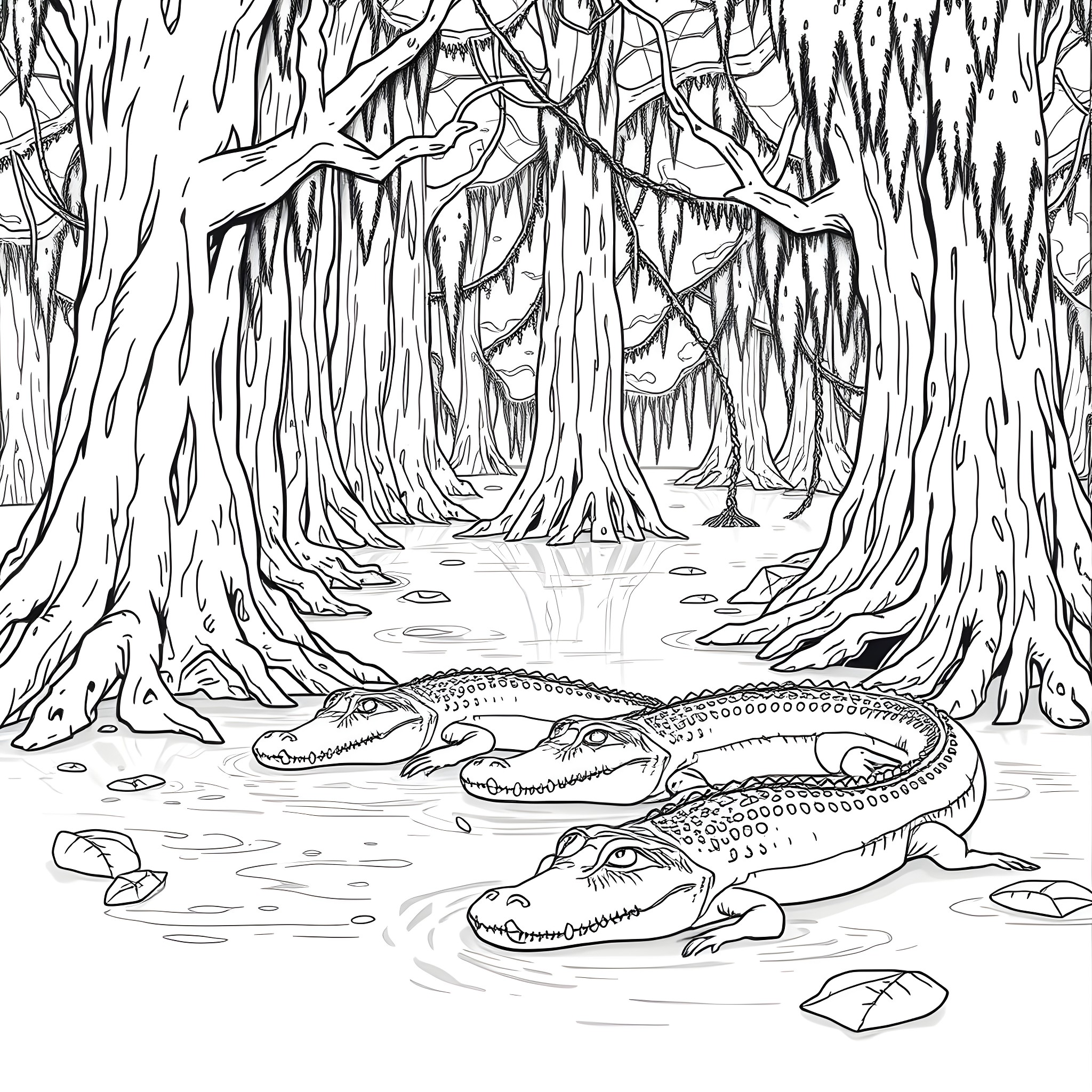 Alligators lounging in a mystical swamp Coloring Page (free black-and-white line drawing printable PDF for all, from beginners to advanced learners, including children, teens, adults, and seniors)