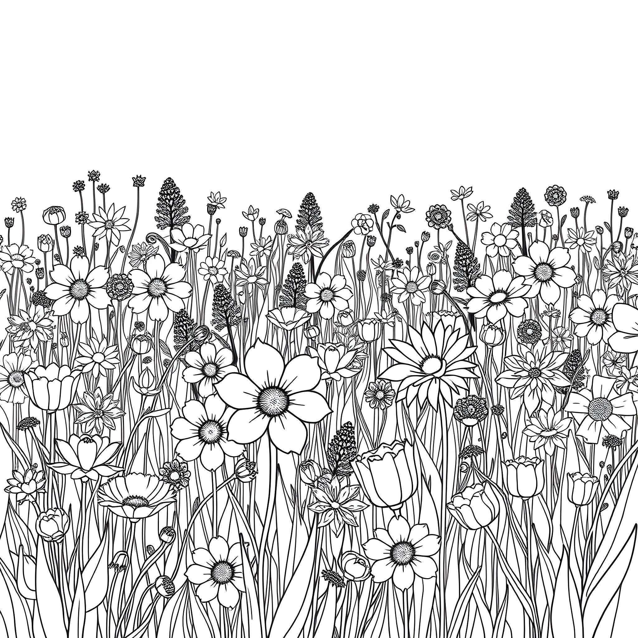 Flower Field with Vibrant Blooms and Lively Details Coloring Page (free black-and-white line drawing printable PDF for all, from beginners to advanced learners, including children, teens, adults, and seniors)