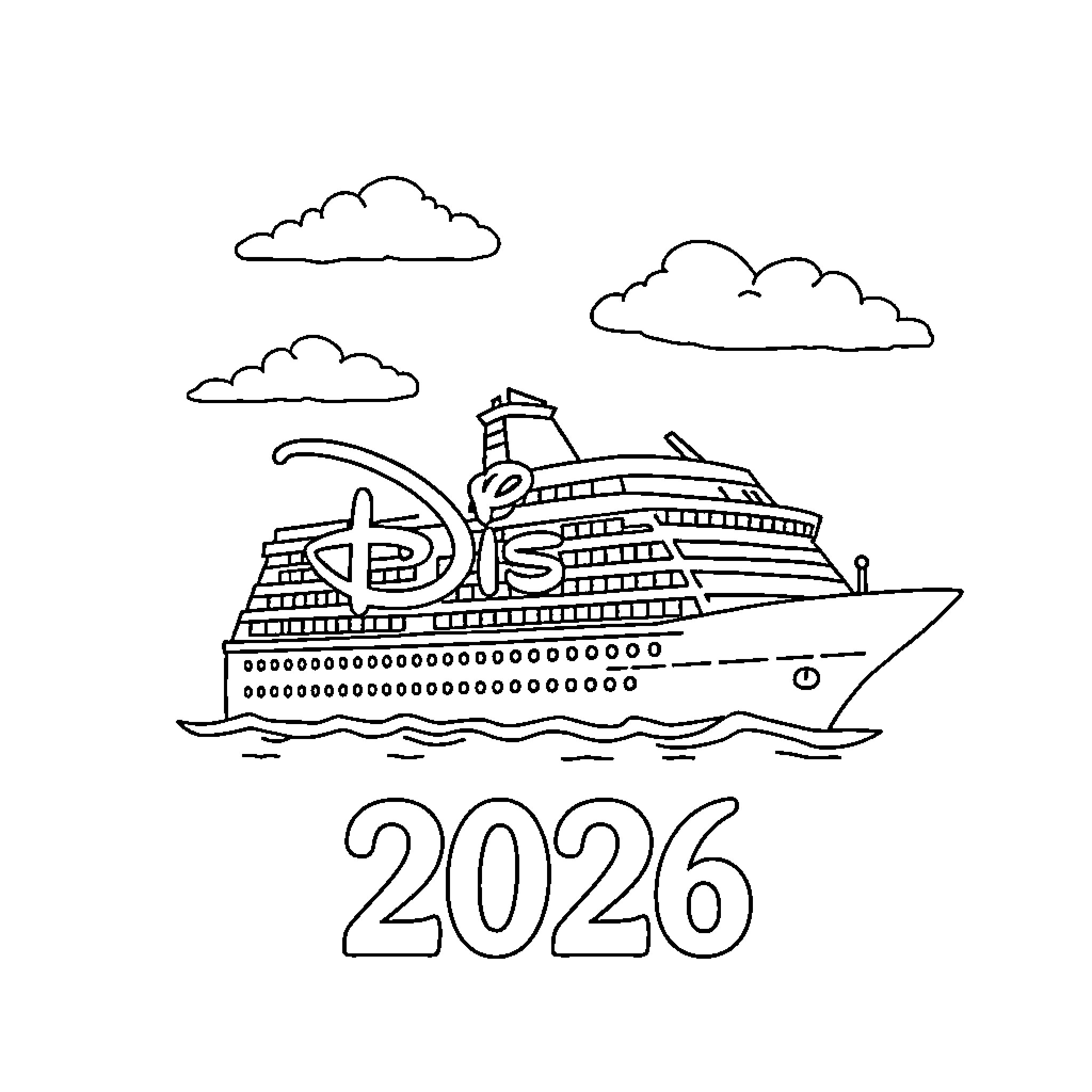 Cruise ship sailing towards the future in 2026 Coloring Page (free black-and-white line drawing printable PDF for all, from beginners to advanced learners, including children, teens, adults, and seniors)