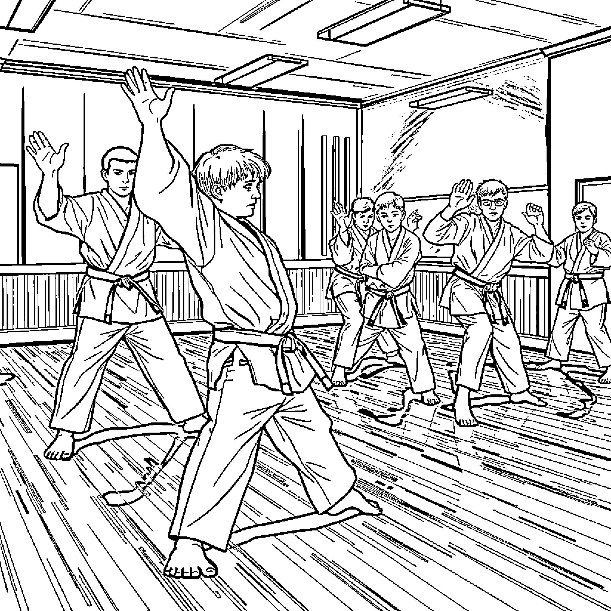 Karate students training and practicing in dojo Coloring Page (free black-and-white line drawing printable PDF for all, from beginners to advanced learners, including children, teens, adults, and seniors)