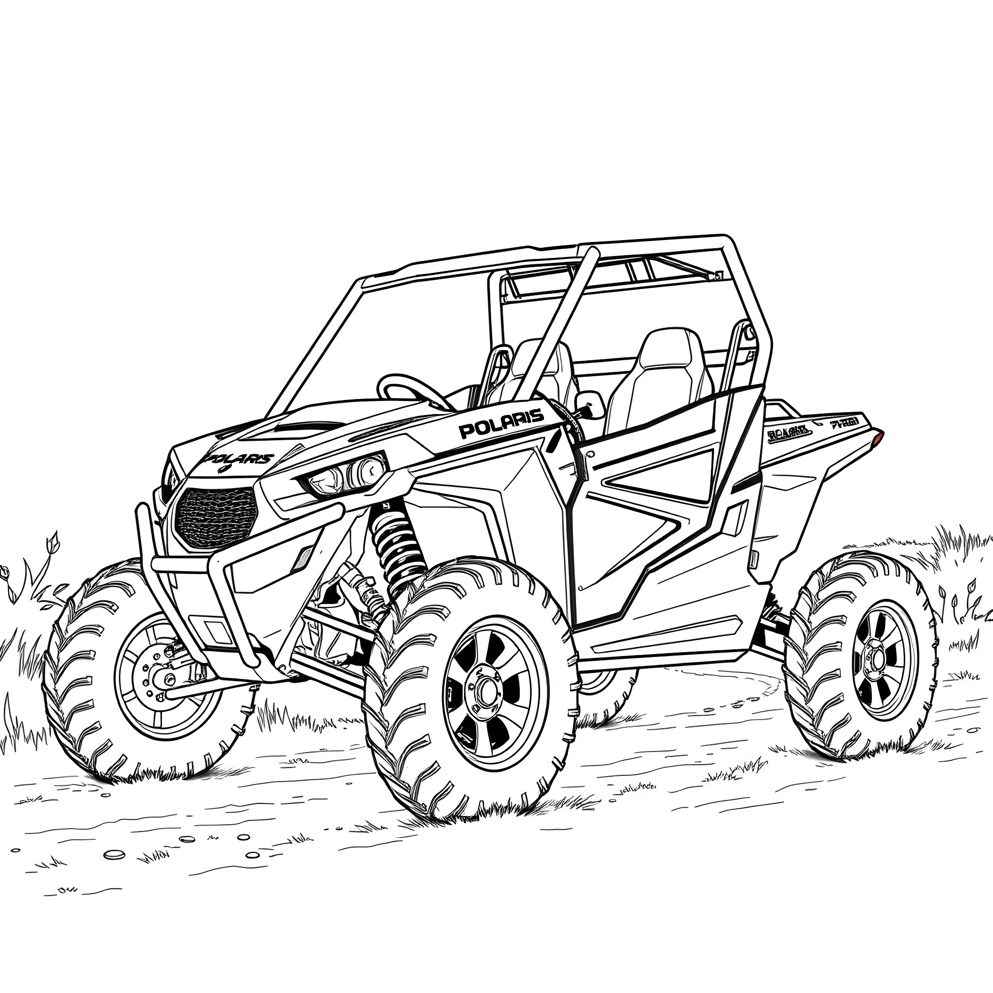 Polaris off-road vehicle traversing rugged terrain Coloring Page (free black-and-white line drawing printable PDF for all, from beginners to advanced learners, including children, teens, adults, and seniors)