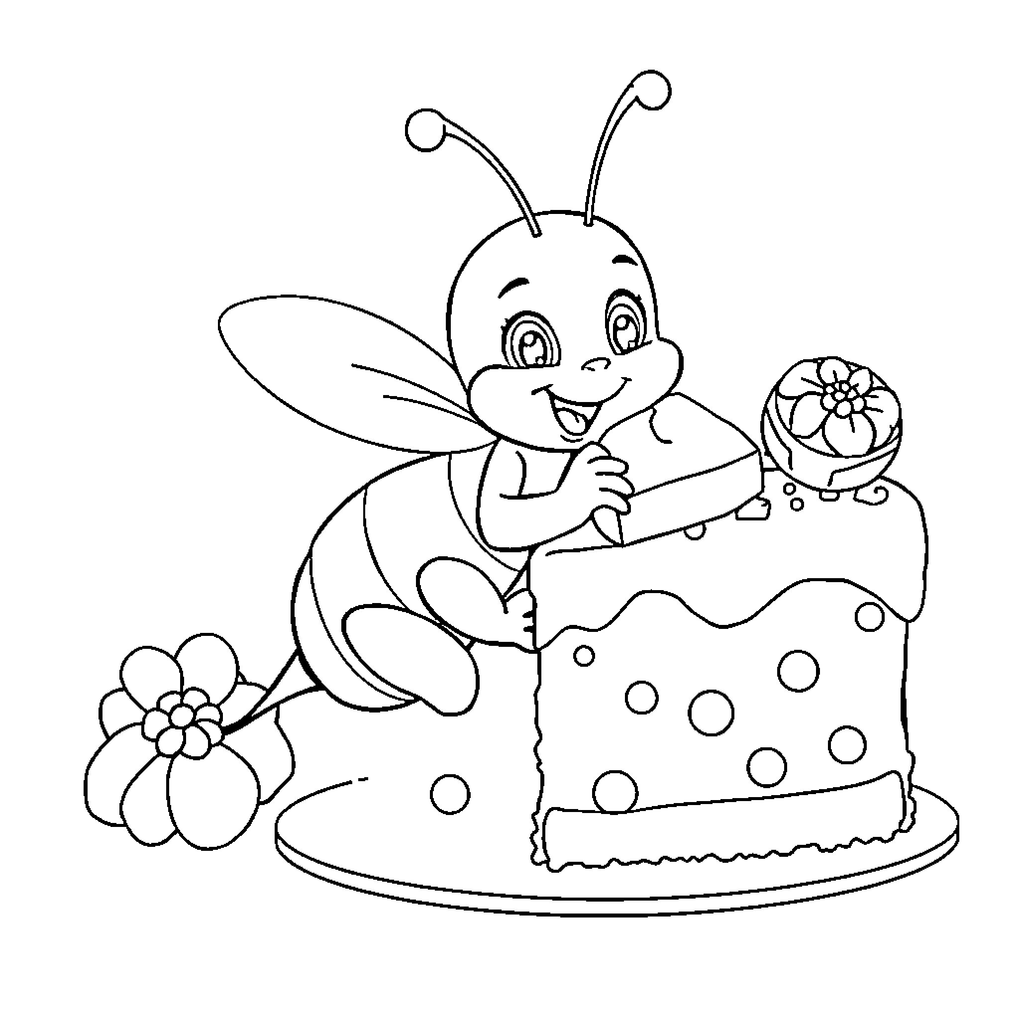 Bee enjoying a cake with flowers Coloring Page (free black-and-white line drawing printable PDF for all, from beginners to advanced learners, including children, teens, adults, and seniors)