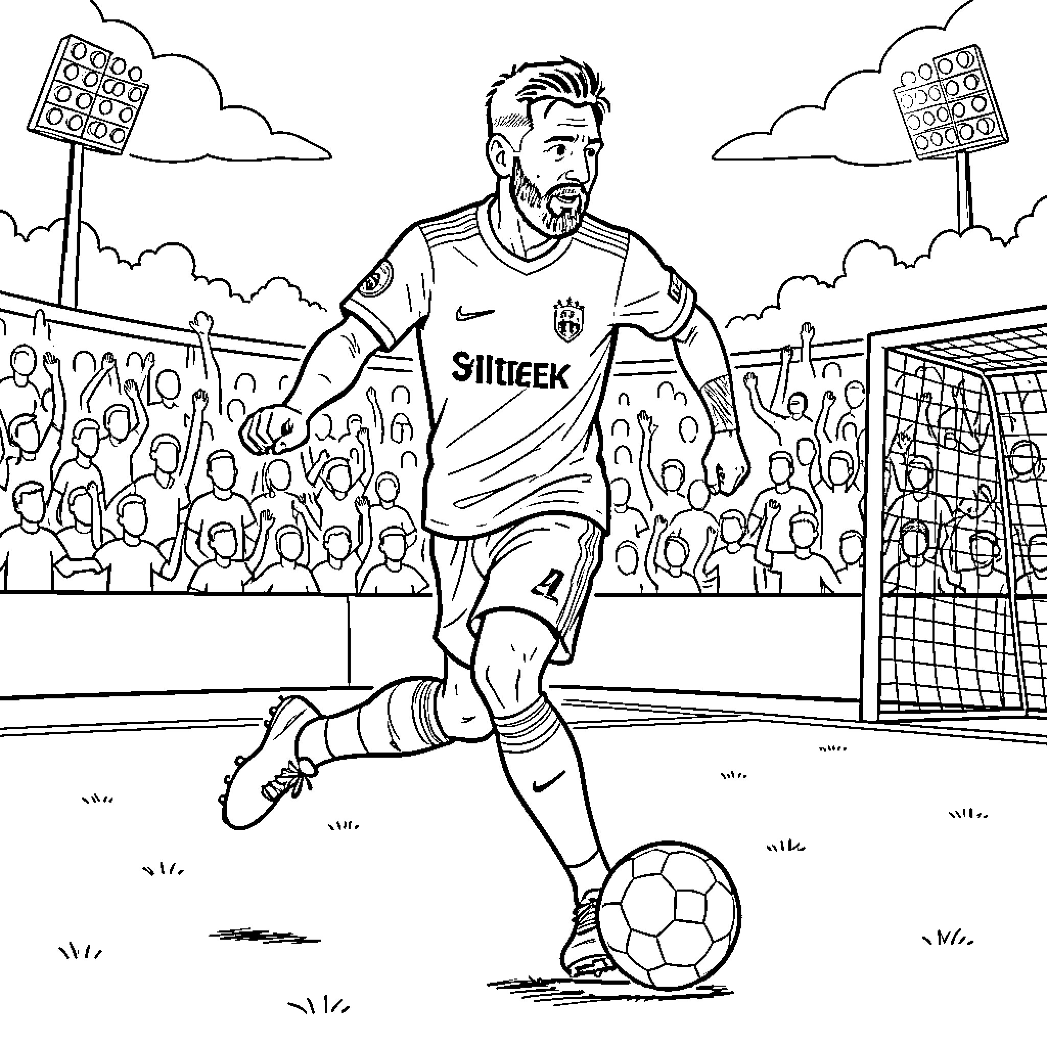 Lionel Messi dribbling a soccer ball during a match Coloring Page (free black-and-white line drawing printable PDF for all, from beginners to advanced learners, including children, teens, adults, and seniors)