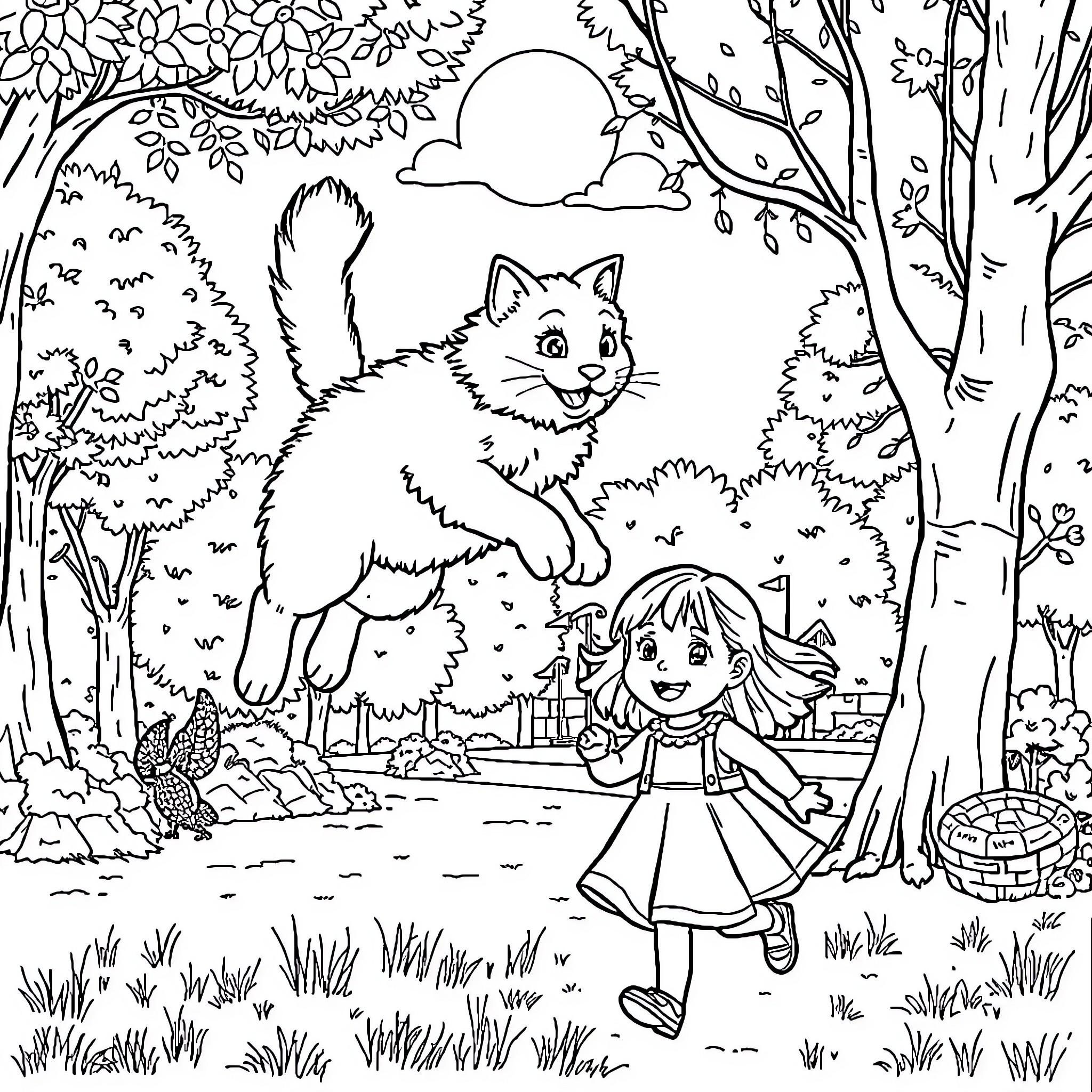 Cat exploring the enchanted forest with a young girl Coloring Page (free black-and-white line drawing printable PDF for all, from beginners to advanced learners, including children, teens, adults, and seniors)