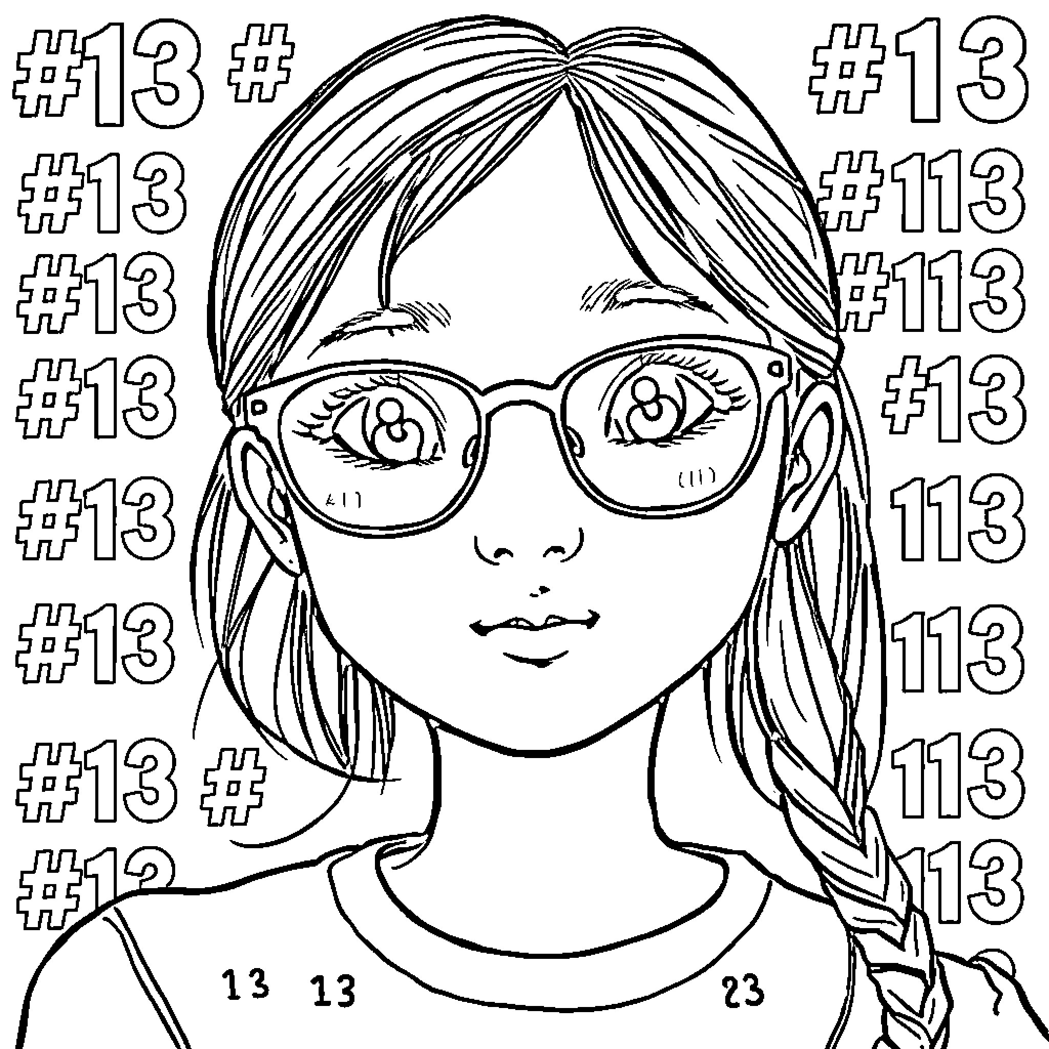 Girl with Glasses and Braided Hair Coloring Page (free black-and-white line drawing printable PDF for all, from beginners to advanced learners, including children, teens, adults, and seniors)