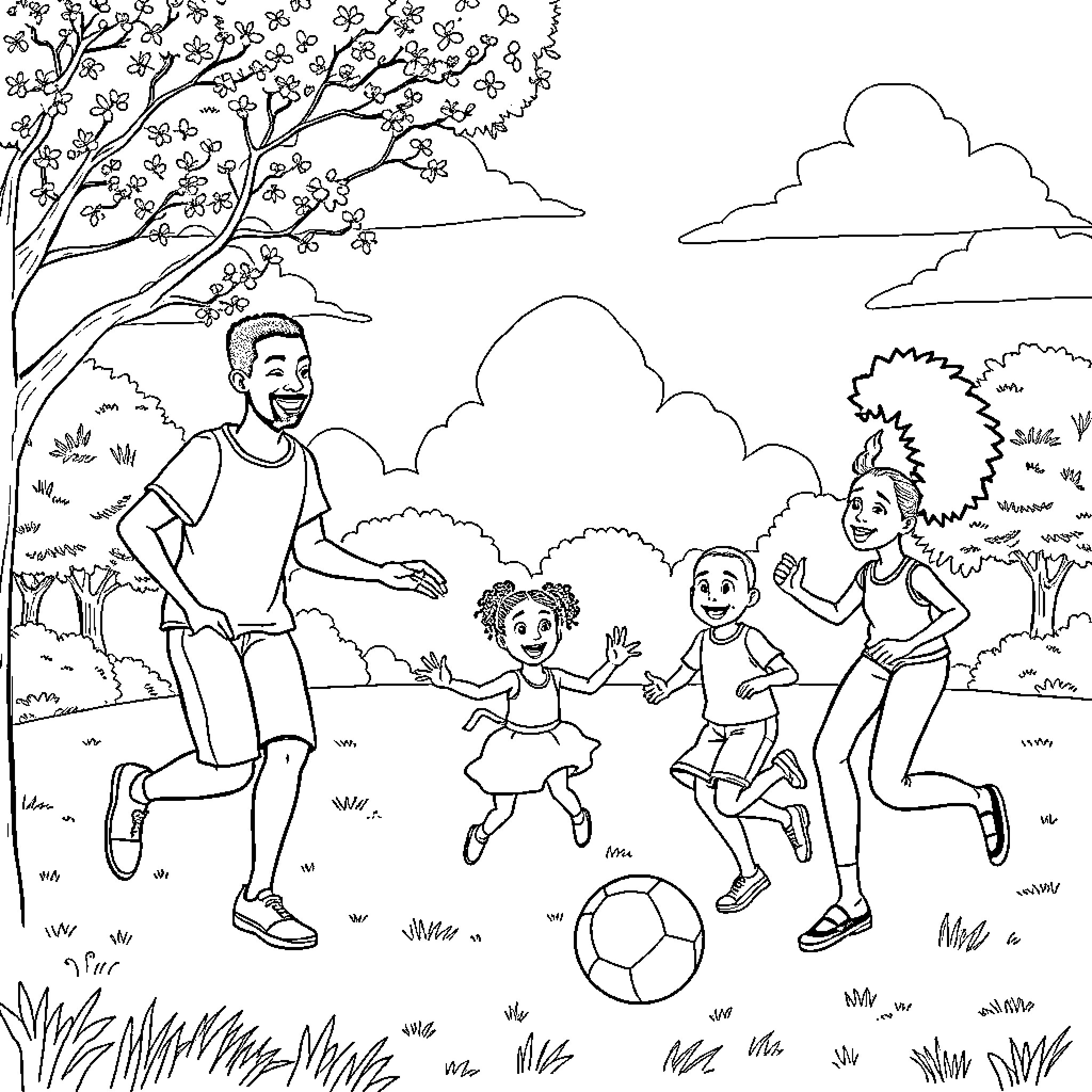 Family Enjoying Outdoor Fun and Games Together Coloring Page (free black-and-white line drawing printable PDF for all, from beginners to advanced learners, including children, teens, adults, and seniors)