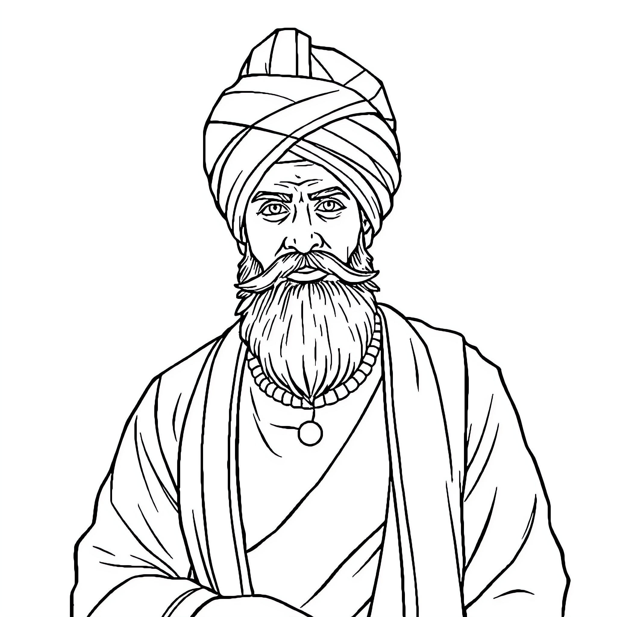 Singh in Traditional Attire with Flowing Beard Coloring Page (free black-and-white line drawing printable PDF for all, from beginners to advanced learners, including children, teens, adults, and seniors)