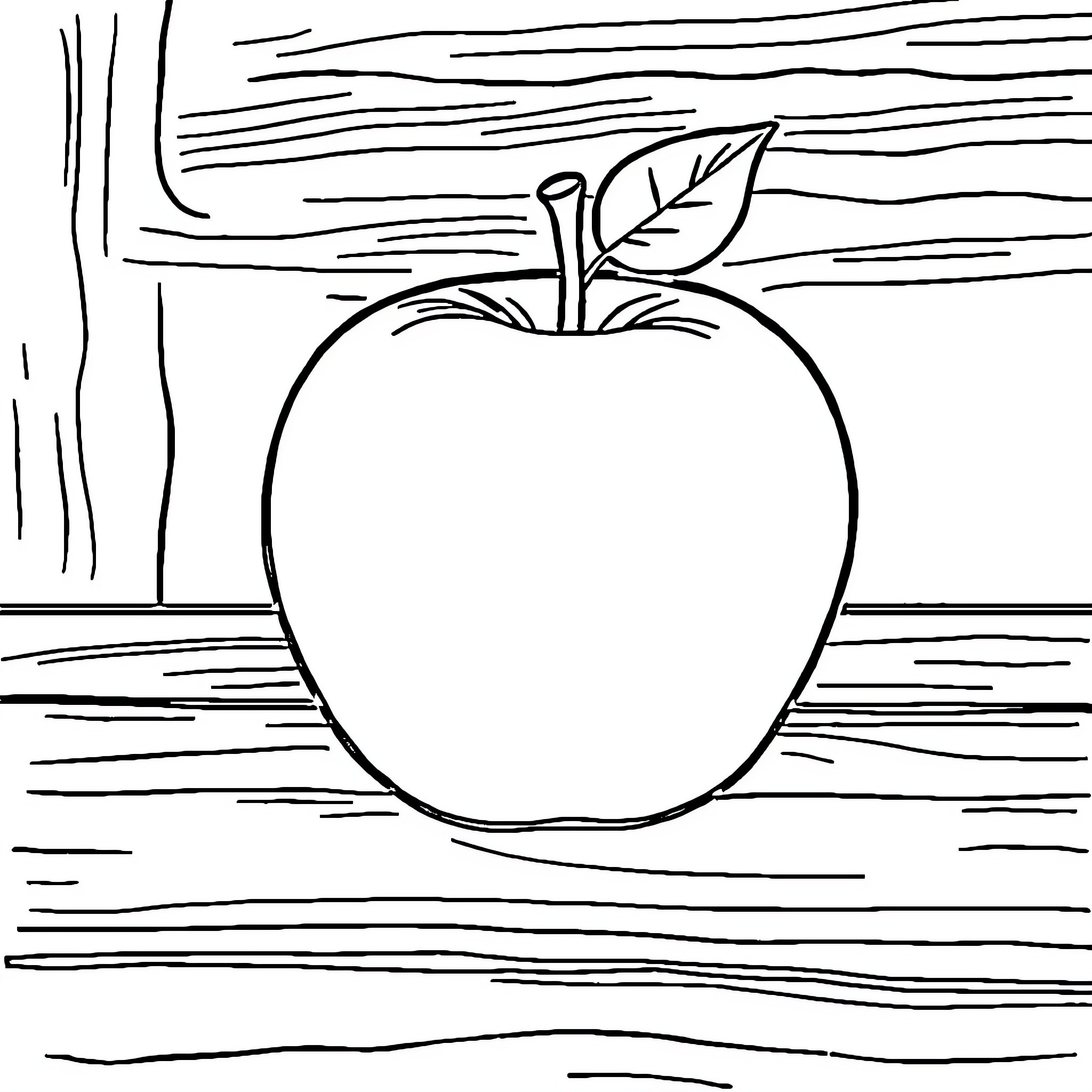 Apple on a wooden surface Coloring Page (free black-and-white line drawing printable PDF for all, from beginners to advanced learners, including children, teens, adults, and seniors)