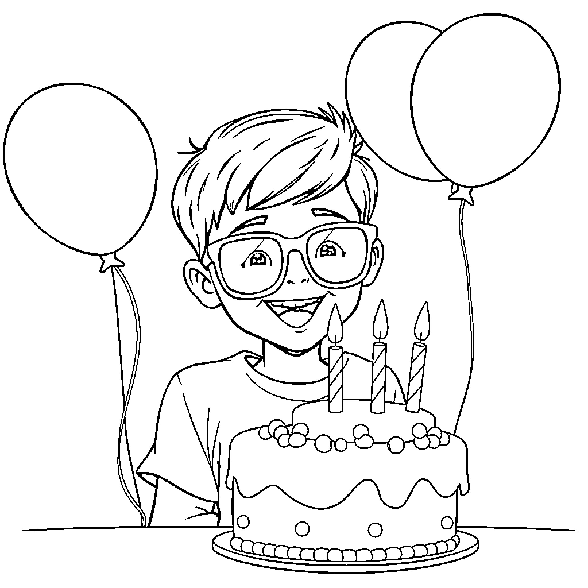 Boy celebrating birthday with cake and balloons Coloring Page (free black-and-white line drawing printable PDF for all, from beginners to advanced learners, including children, teens, adults, and seniors)