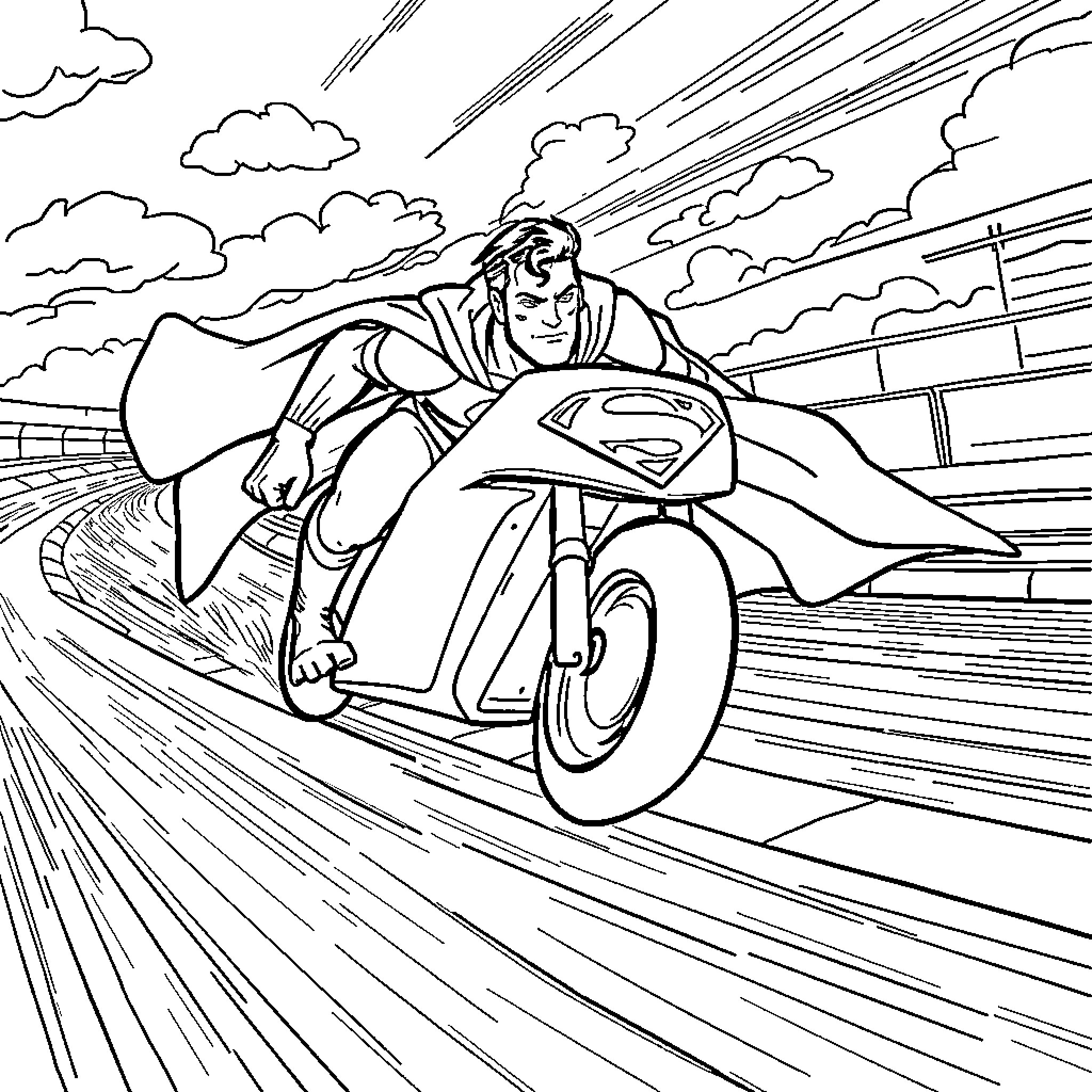 Superman speeding through the city on a motorcycle Coloring Page (free black-and-white line drawing printable PDF for all, from beginners to advanced learners, including children, teens, adults, and seniors)