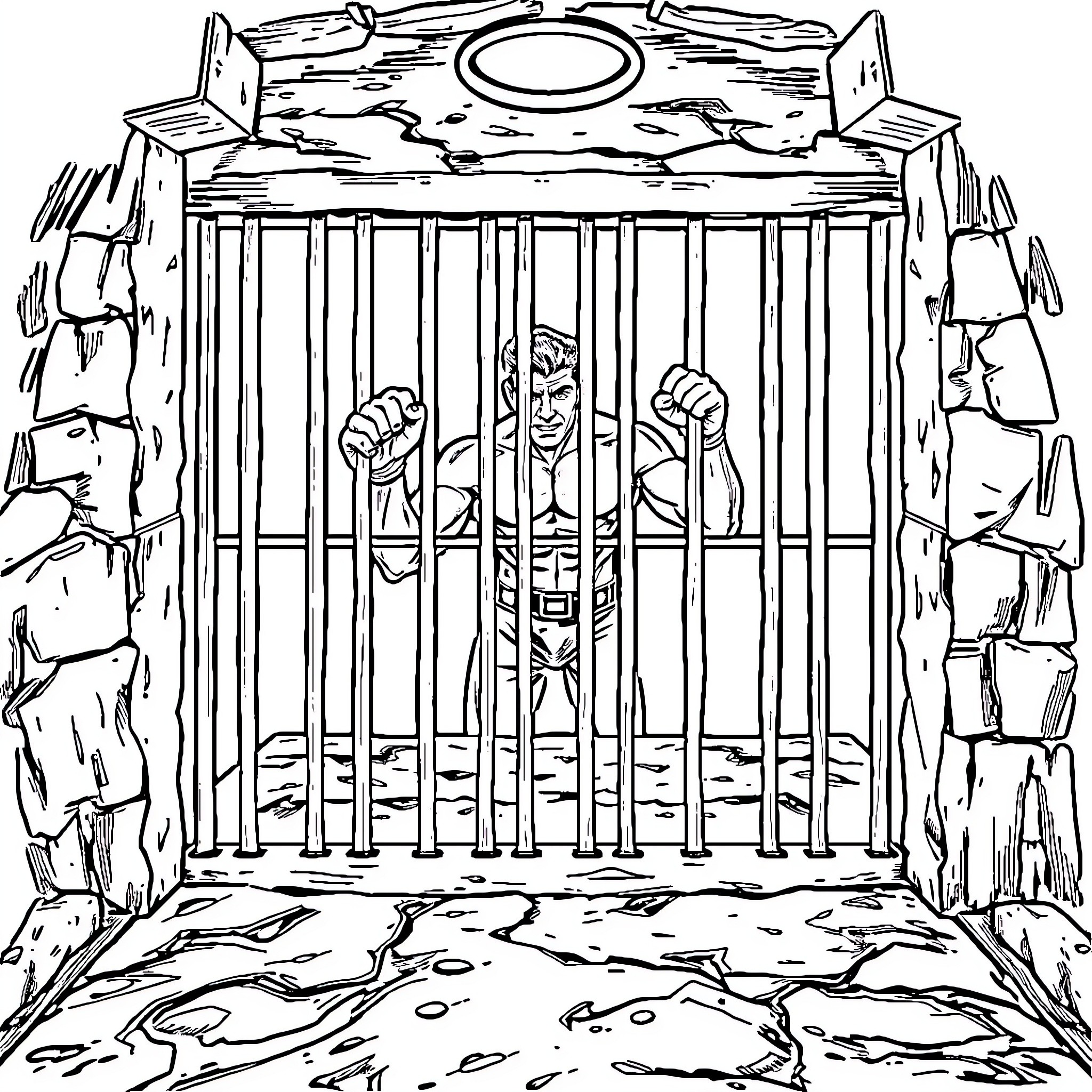 Jean-Claude Van Damme trapped in a prison cell Coloring Page (free black-and-white line drawing printable PDF for all, from beginners to advanced learners, including children, teens, adults, and seniors)