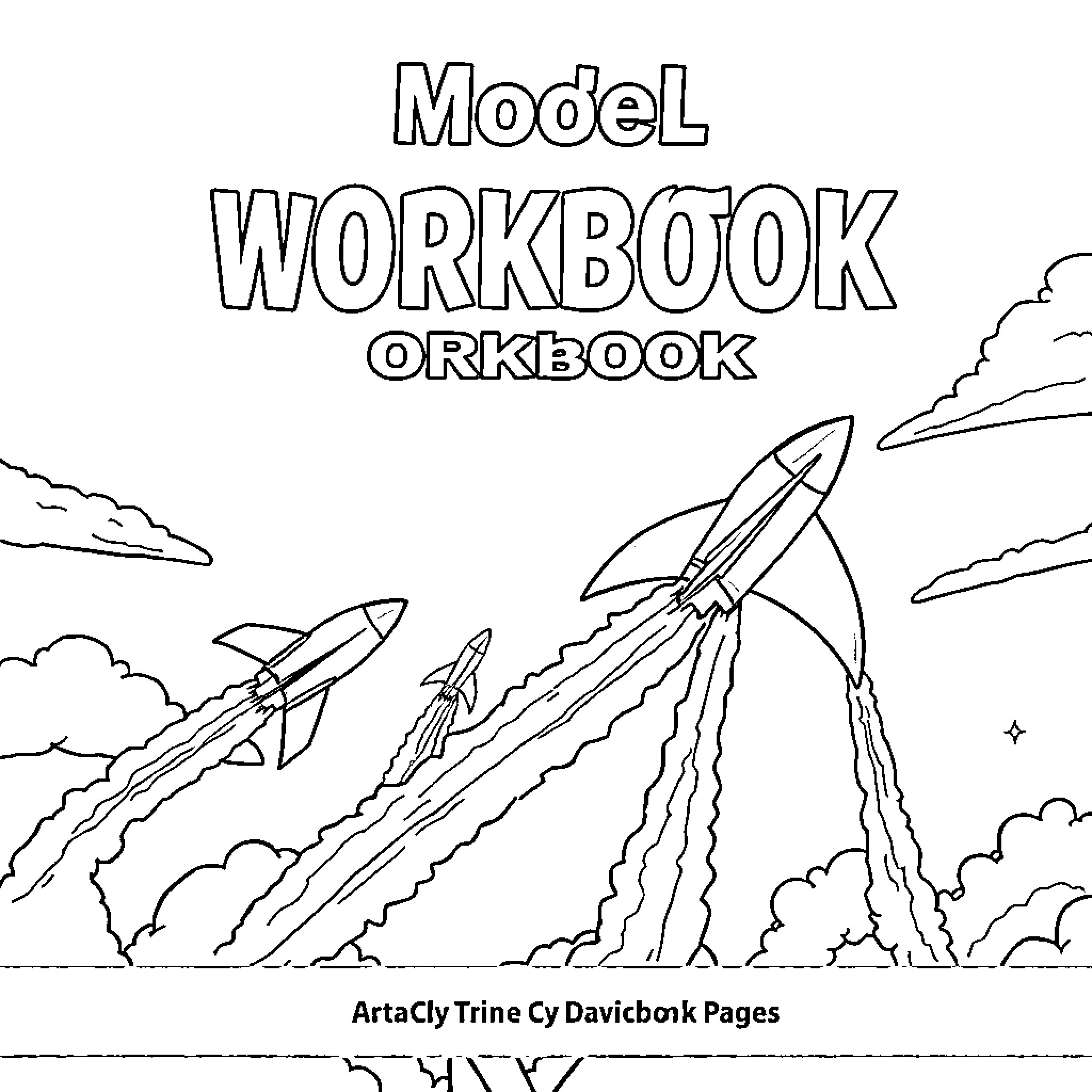 Rocket Workbook with Model Rockets Launching in the Sky Coloring Page (free black-and-white line drawing printable PDF for all, from beginners to advanced learners, including children, teens, adults, and seniors)