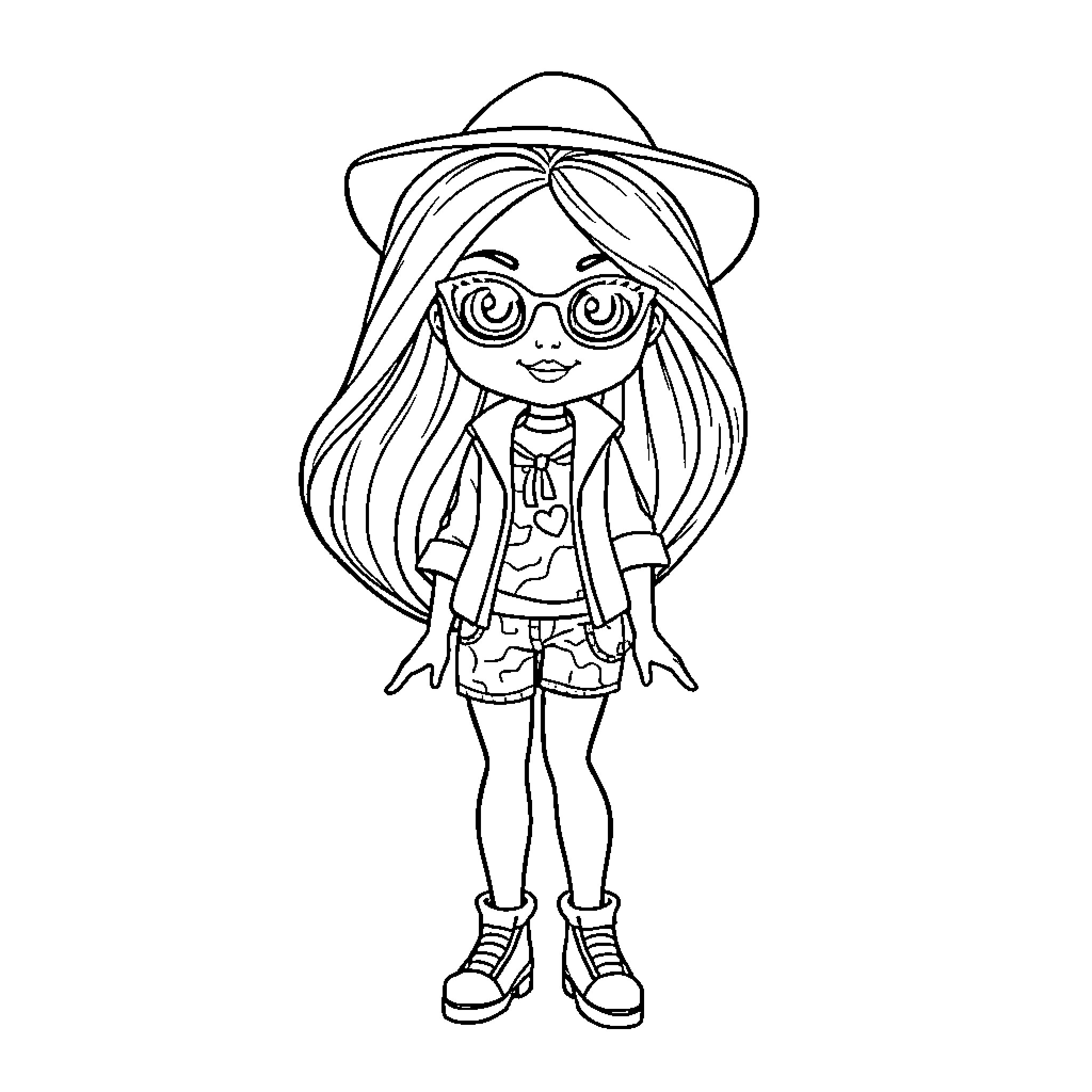 Barbi exploring the outdoors in her stylish outfit Coloring Page (free black-and-white line drawing printable PDF for all, from beginners to advanced learners, including children, teens, adults, and seniors)